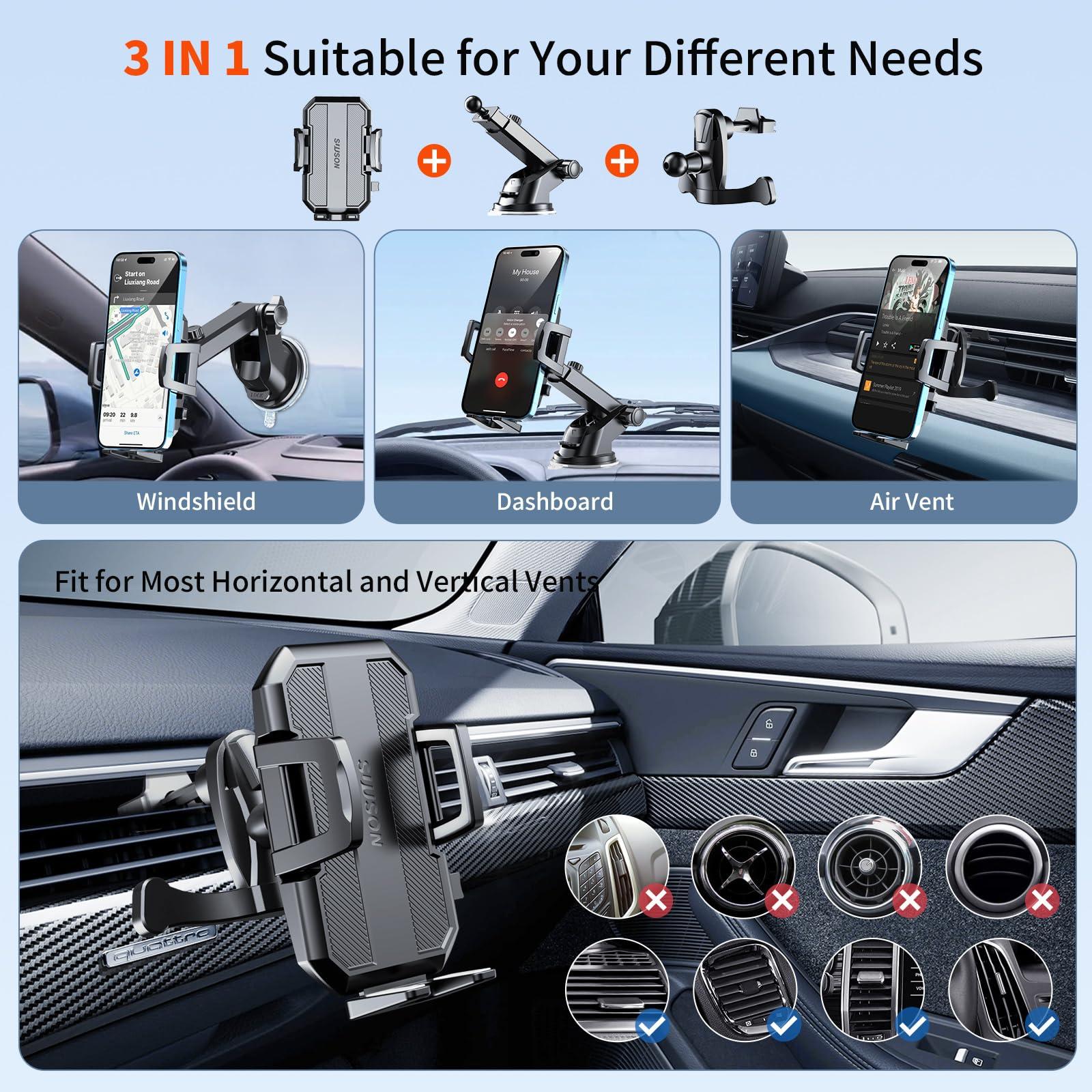 SUUSON Upgraded 3-in-1 Car Phone Holder Mount [Powerful Suction] Phone Mount for Car Dashboard Air Vent Windshield,for All iPhone Android Phone (Black) - Image 2