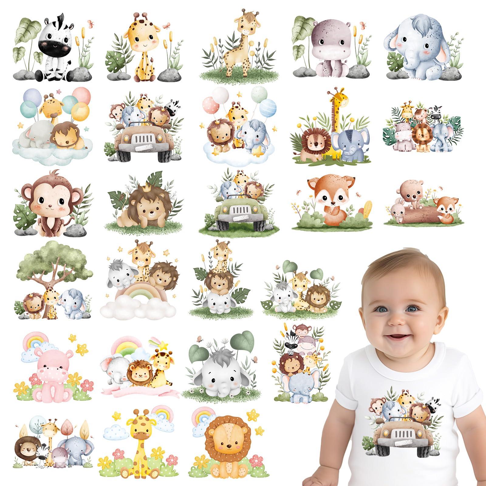 Falueqg 26pcs Forest Animal Iron On Transfers - DTF Transfers Ready to Press, Cute Iron on Decals Stickers for Baby Bodysuit, Heat Transfer Vinyl for Baby Onesie Bibs Decorating Kit