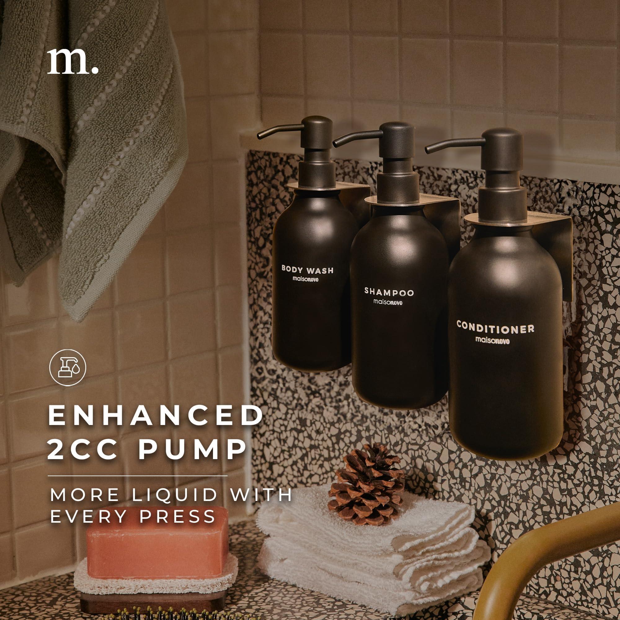 MaisoNovo Shampoo and Conditioner Dispenser - Shower Soap Dispenser Wall Mounted - 16.9 fl oz Set of 3 Black Plastic Bottles Black Pump - Shampoo Dispenser, Shower Dispenser 3 Chamber No Drill - Image 7