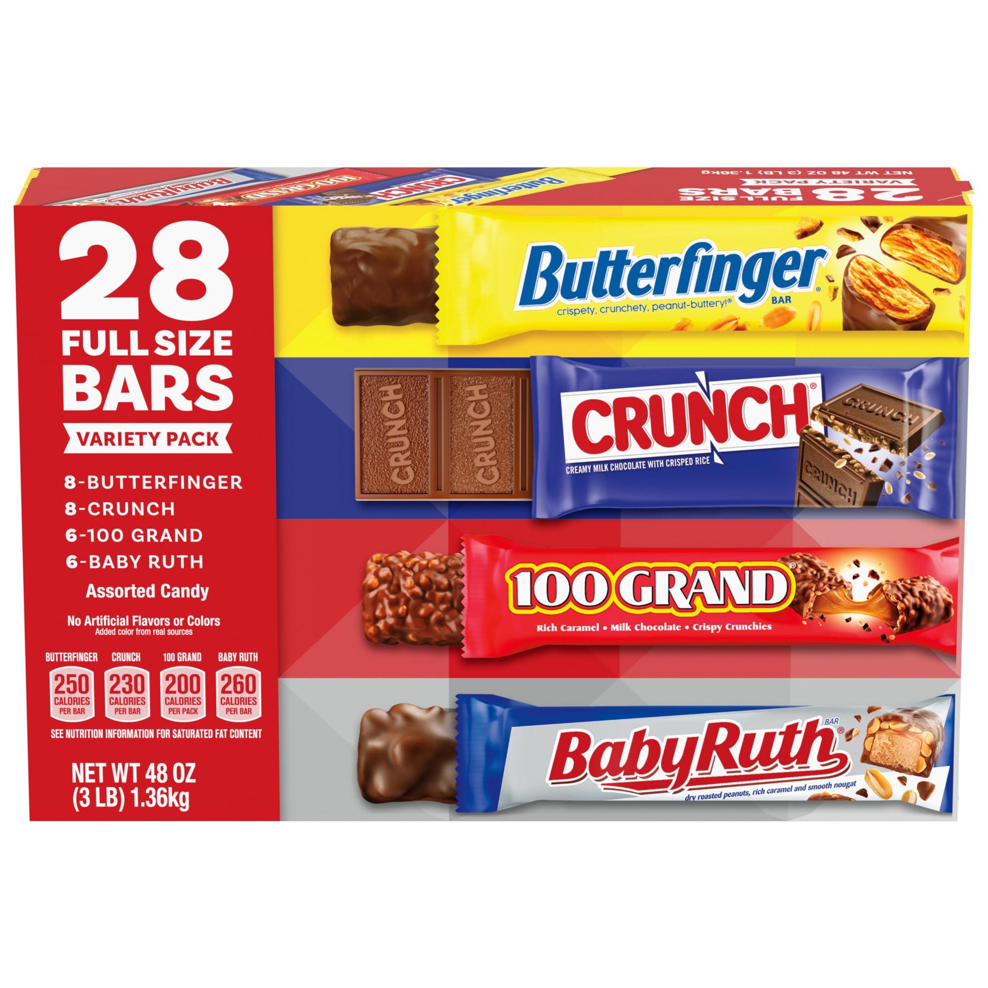 Butterfinger, CRUNCH, Baby Ruth and 100 Grand, Bulk 28 Pack, Assorted Full Size Chocolate Candy Bars, 48 oz