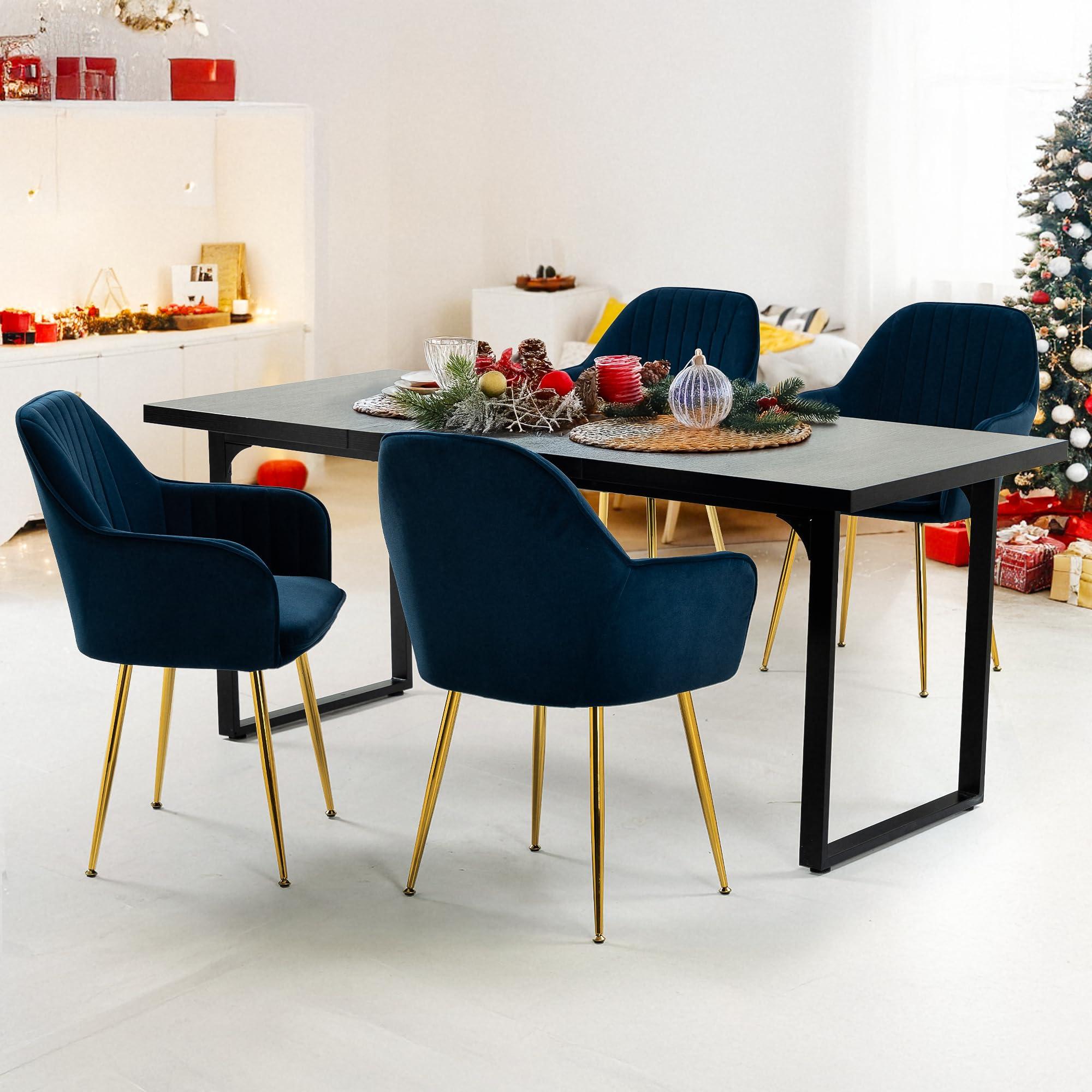 ECOTOUGE Matte Velvet Dining Chairs Set of 4, Modern Arm Chair with Golden Metal Legs, Living Room Accent Chairs for Kitchen, Blue - Image 2