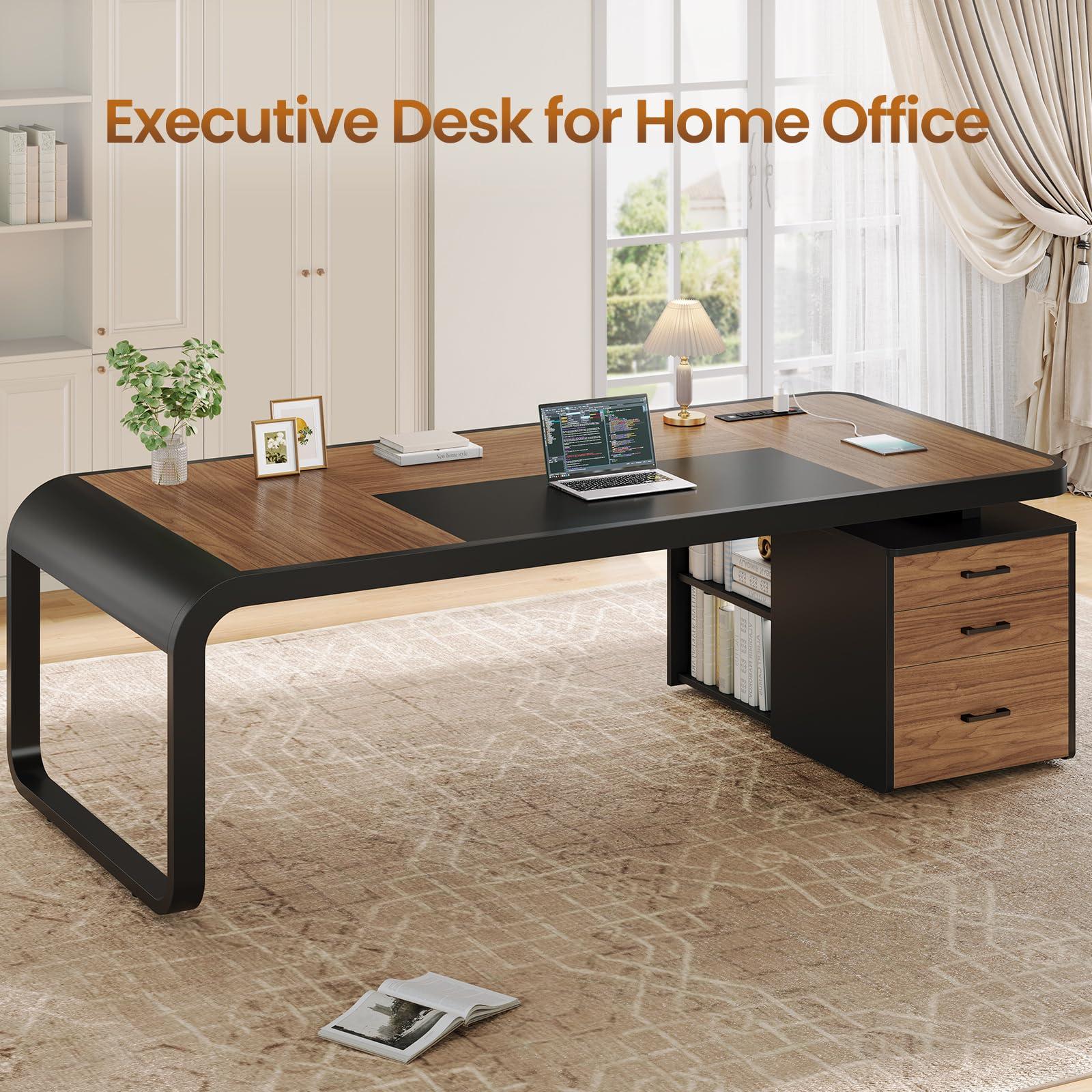Itaar 70.9" Executive Desk, Large Computer Desk with Drawers and Lateral File Cabinet, Office Desk with Removable Shelves, Business Furniture Desk Workstation for Home Office, Walnut - Image 4