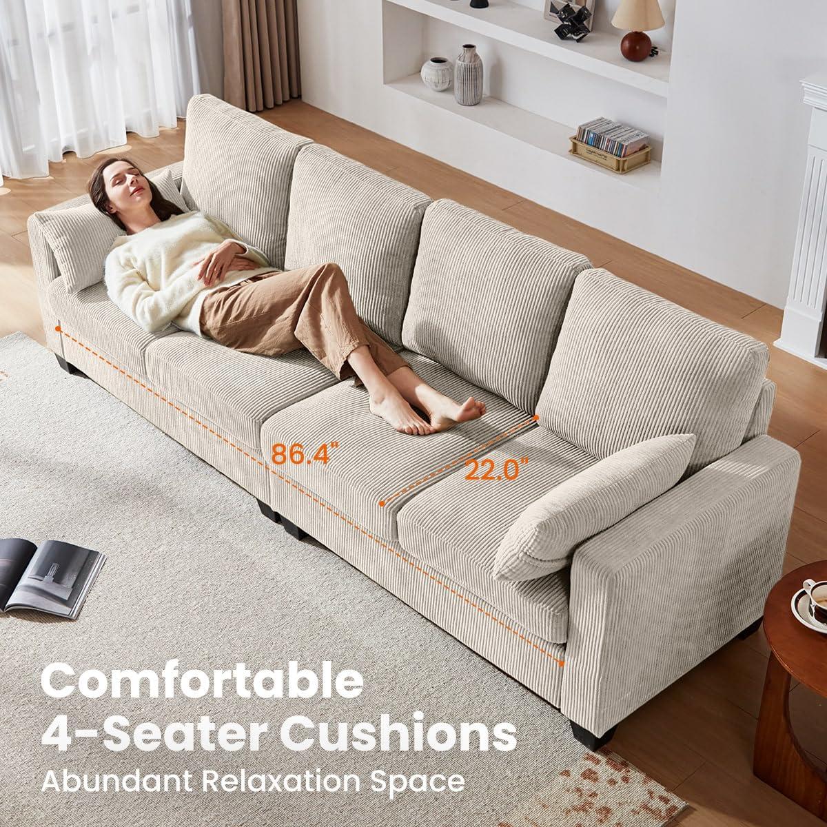 CHIC HOUSE Corduroy Modular Sectional Couch with Ottoman Chaise, L/U Shaped Sleeper Sofa for Living Room, Apartment, Lounge, Modern Armrest Neck Support Furniture (5 Seater Sectional, Beige) - Image 4