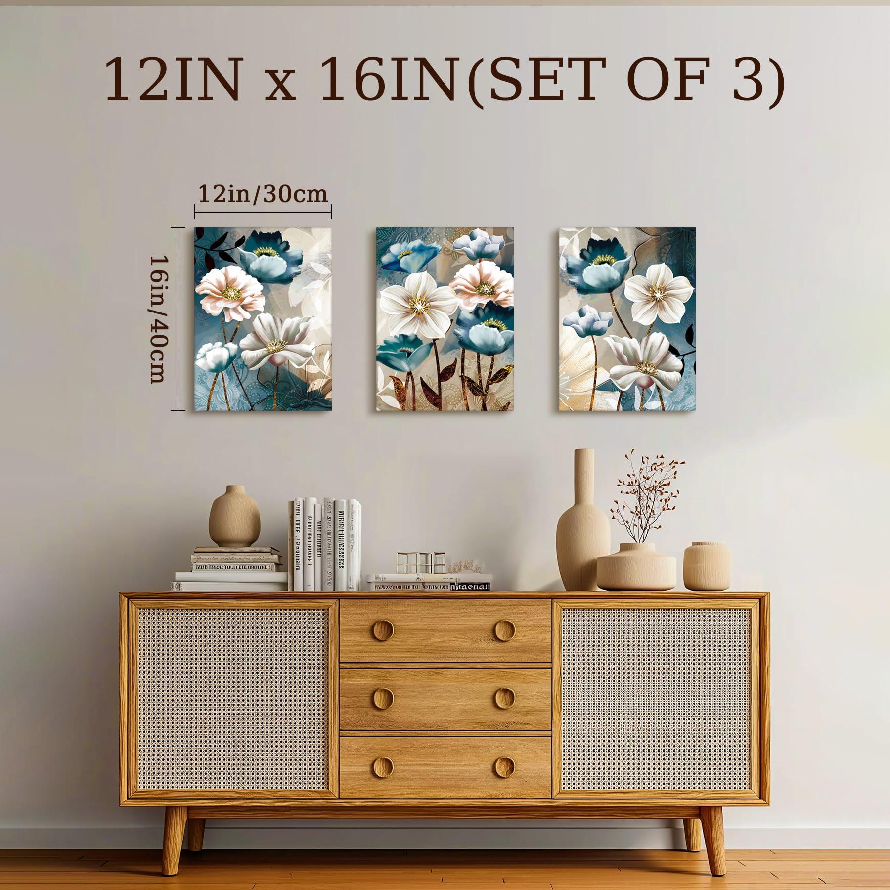 SERIMINO 3 Piece Lotus Flower Canvas Wall Art for Living Room, Blue Floral Picture Wall Decor for Dining Room Bedroom, Art Print Painting for Home Decorations 12"X16" - Image 3