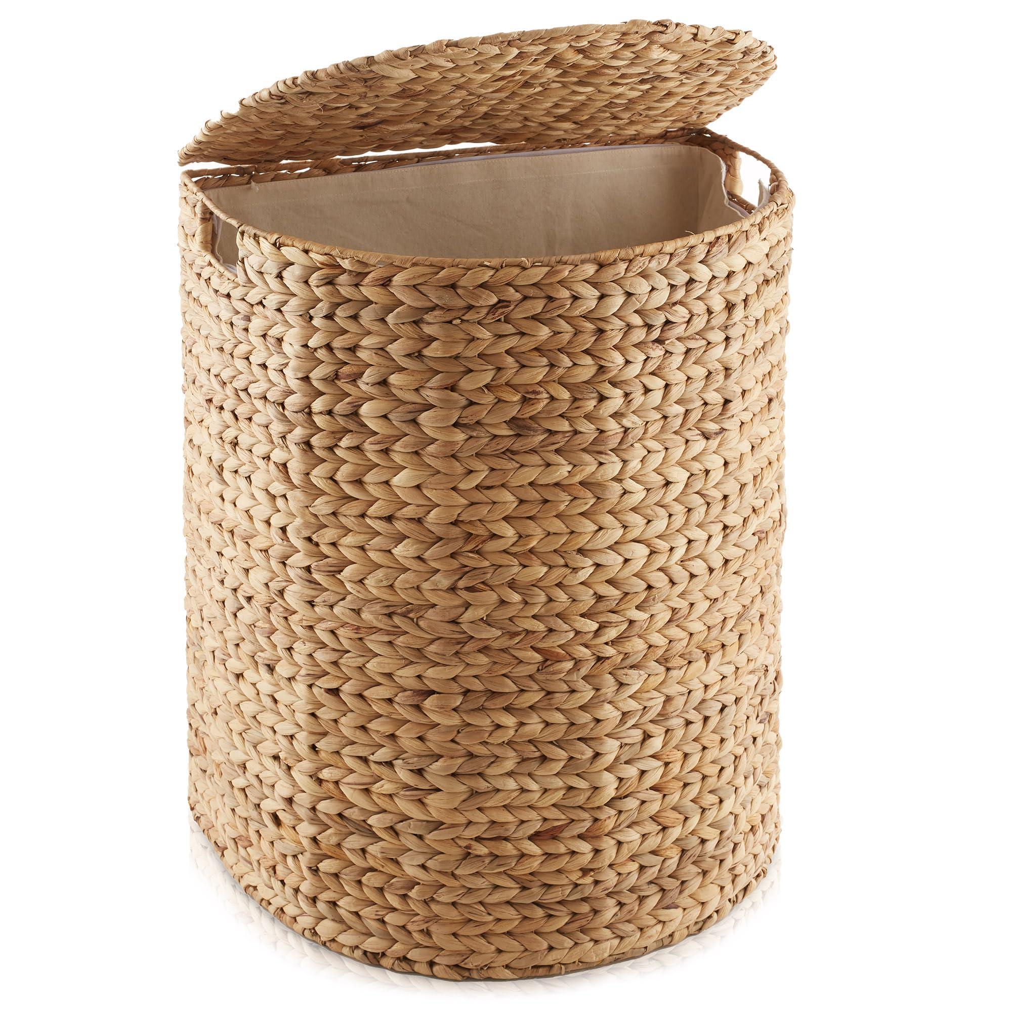 Casafield Half Moon Laundry Hamper with Lid and Removable Liner Bag - Natural, Woven Water Hyacinth Laundry Basket for Clothes and Towels