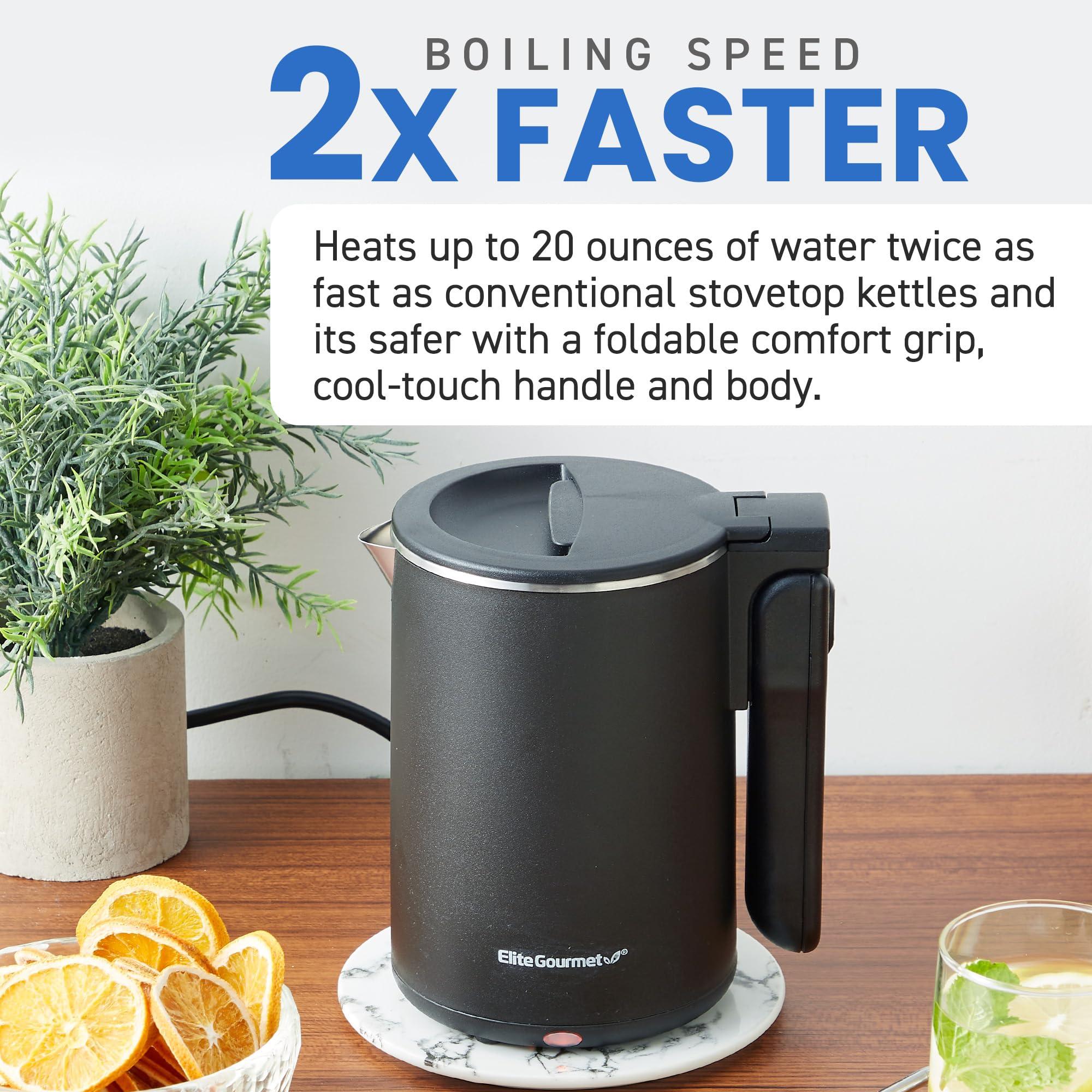Elite Gourmet EKT719 Dual Volt 120-230V, Travel Double Wall Insulated Cool-Touch, 0.6L Electric Kettle, Stainless Steel Interior, Hinged-Locking Lid, Retractable Handle, Auto Shut-Off, Boil Dry, Black - Image 4