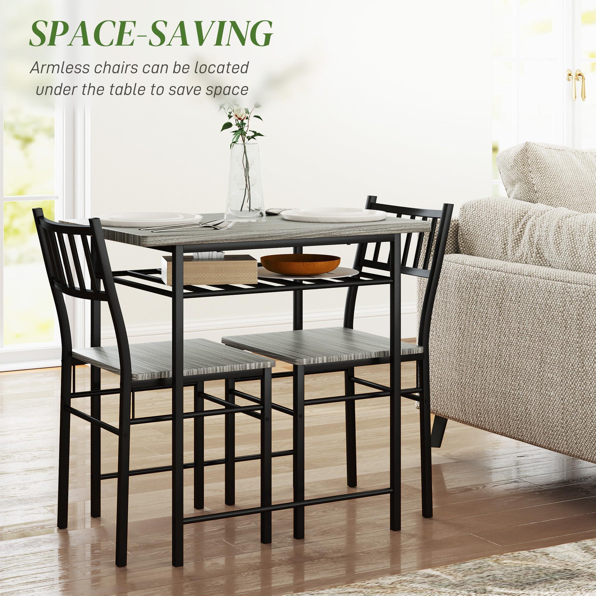 HOMCOM 3-Piece Dining Table Set for 2, Small Kitchen Table and Chairs with Built-in Storage Rack and Steel Frame, for Breakfast Nook and Small Space, Gray - Image 4