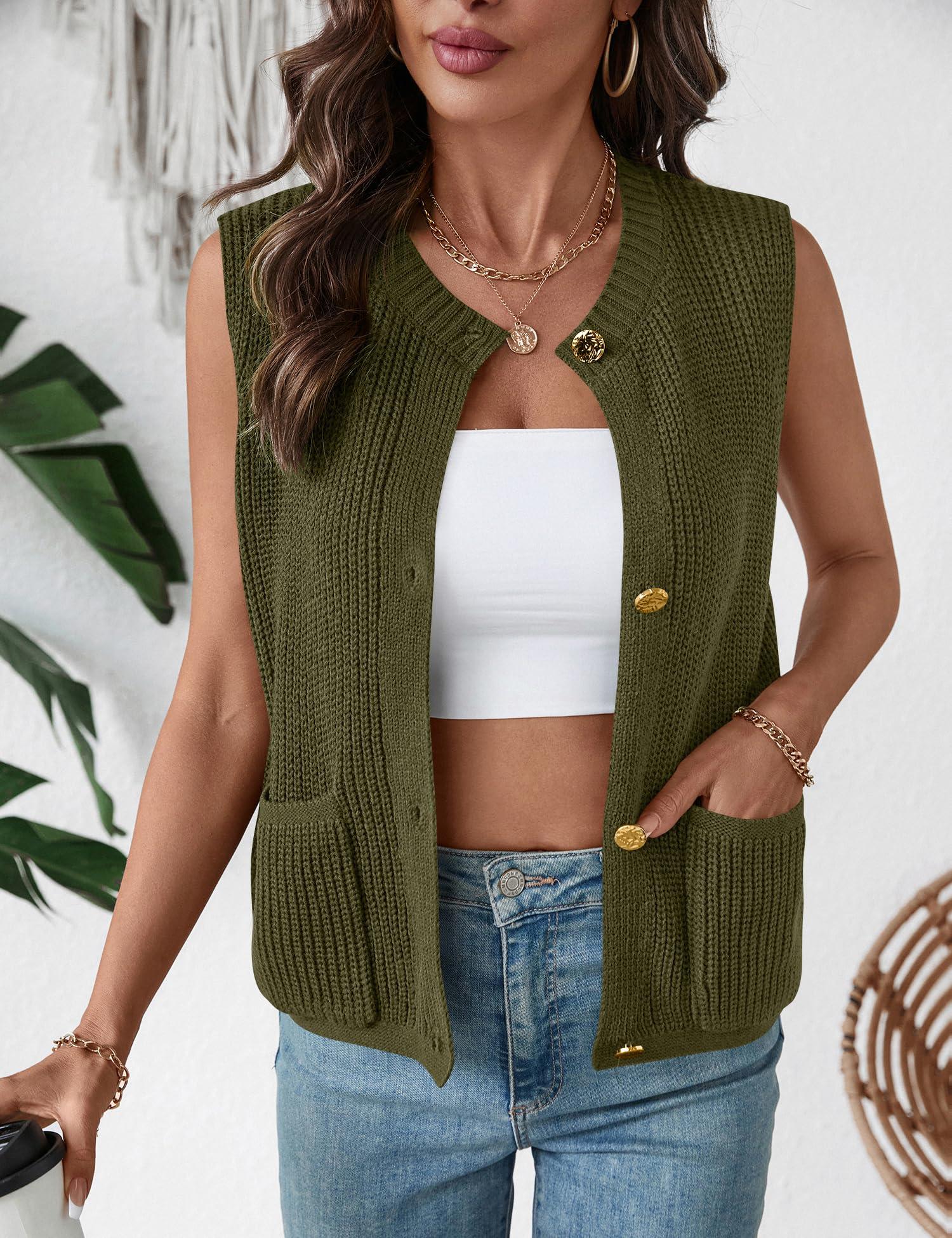 LUYAA Green Sweater Women Button Round Neck Knit Vest Top Trendy Casual Cardigan 2025 Spring Sweater Army Green L - Image 2