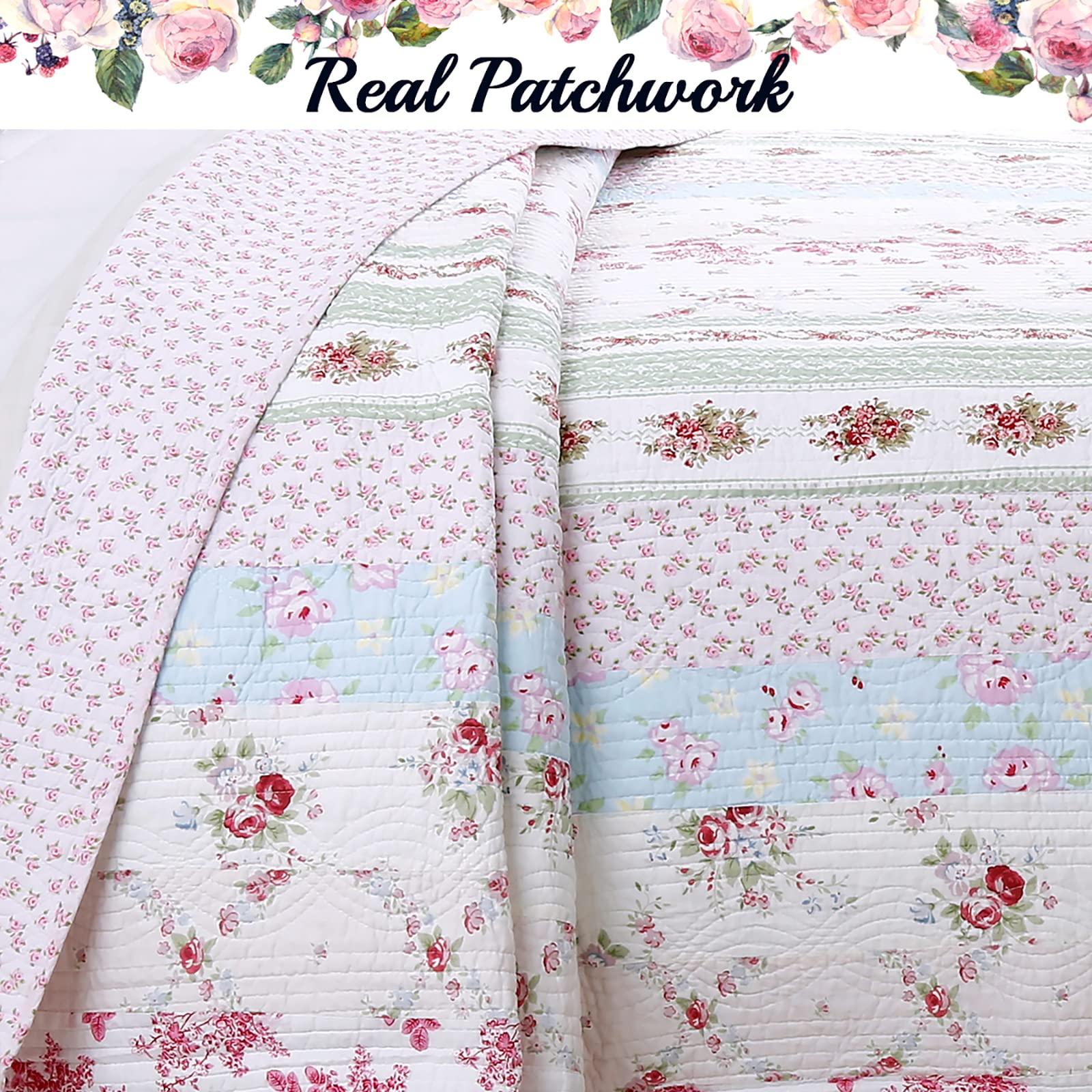 Cozy Line Home Fashions 100% Cotton Real Patchwork Pink Floral Cottage Shabby Chic Reversible Quilt Bedding Set, Bedspread, Coverlet (Wild Rose, Queen - 3 Piece) - Image 4