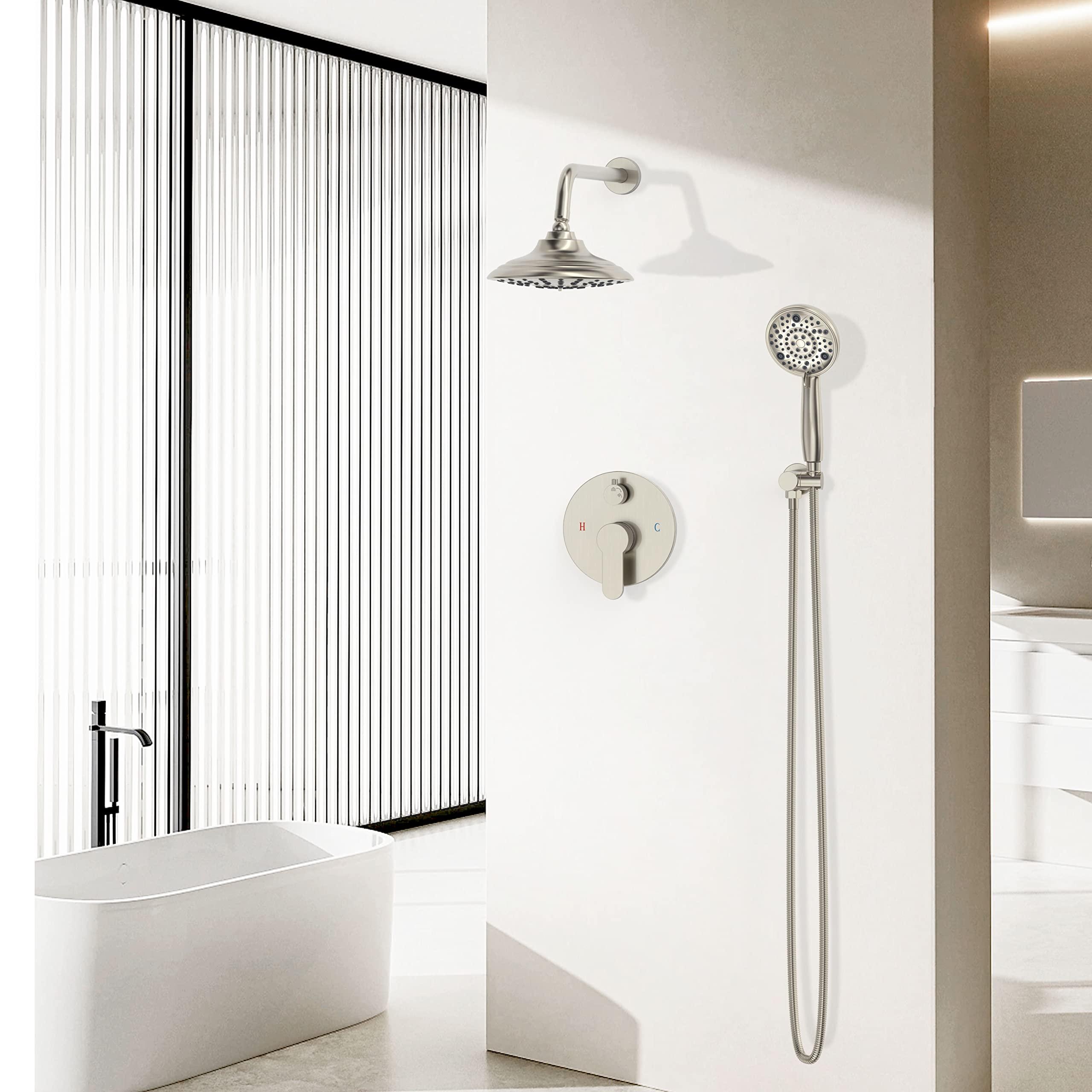 EMBATHER Shower Faucets Sets Complete, with 3 Setting High Pressure Shower Head Combo, Bathroom Wall Mounted Rainfall Shower System Fixtures with 8-Mode Handheld Spray, Brushed Nickel - Image 2