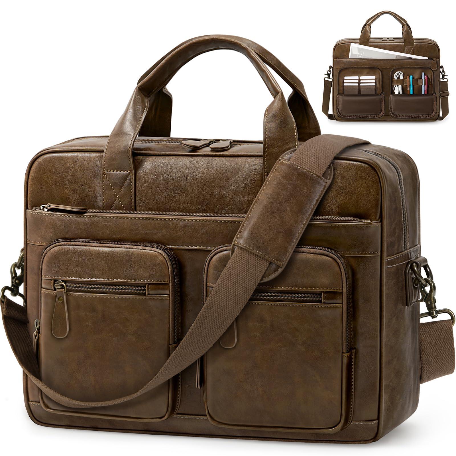 RAINSMORE Vintage Messenger Bag for Men PU Vegan Leather Computer Laptop Bag 15.6 Inch Waterproof Briefcases for Men Retro Mens Briefcase Satchel Bag for Work Office Business Travel Brown - Image 8