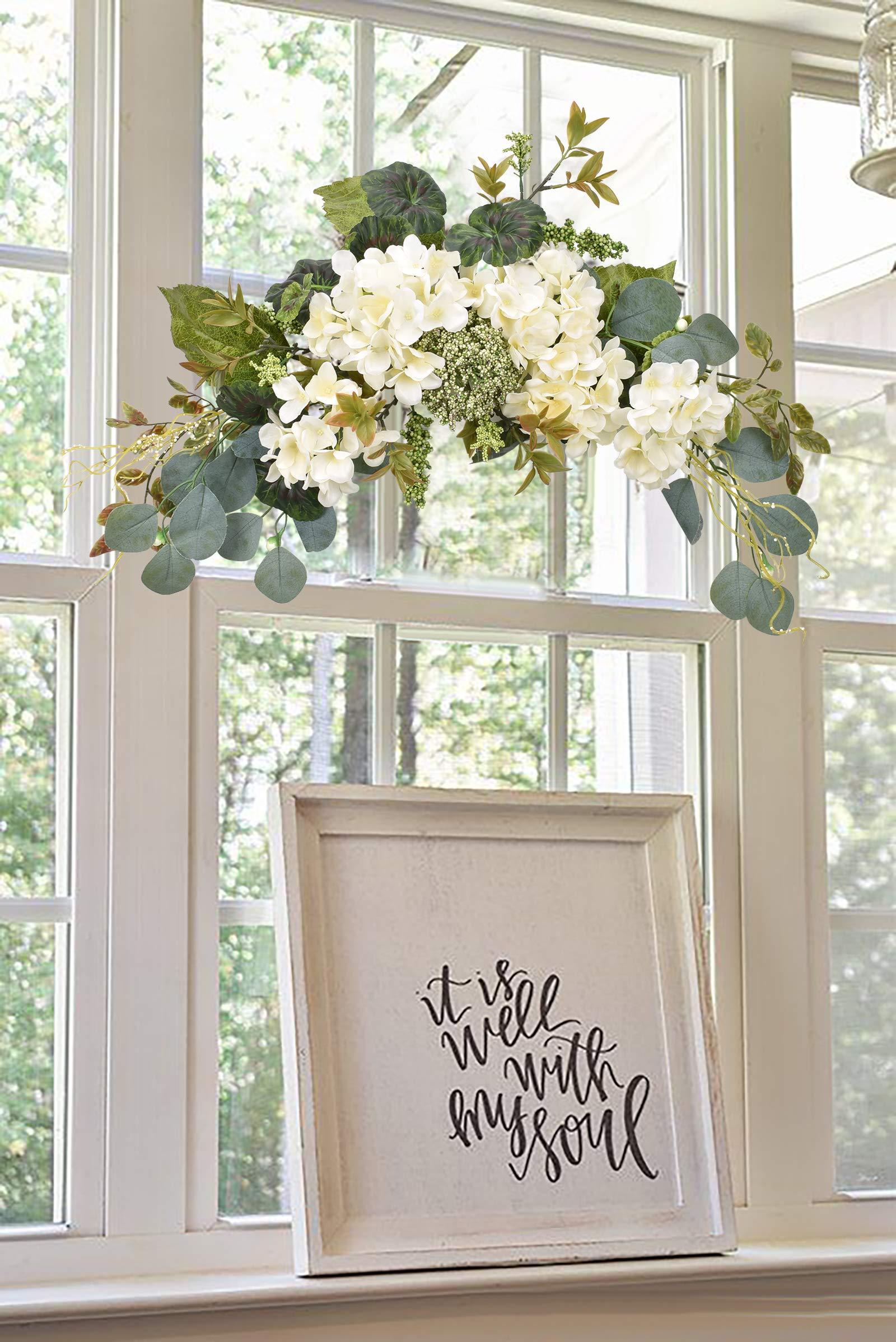 I-GURU Artificial Swag Hydrangea Flower 28 Inch, White Spring Decorative Swags with Green Leaves for Home Room Front Door Wedding Arch Garden Party Tabletop Wall Decor - Image 4