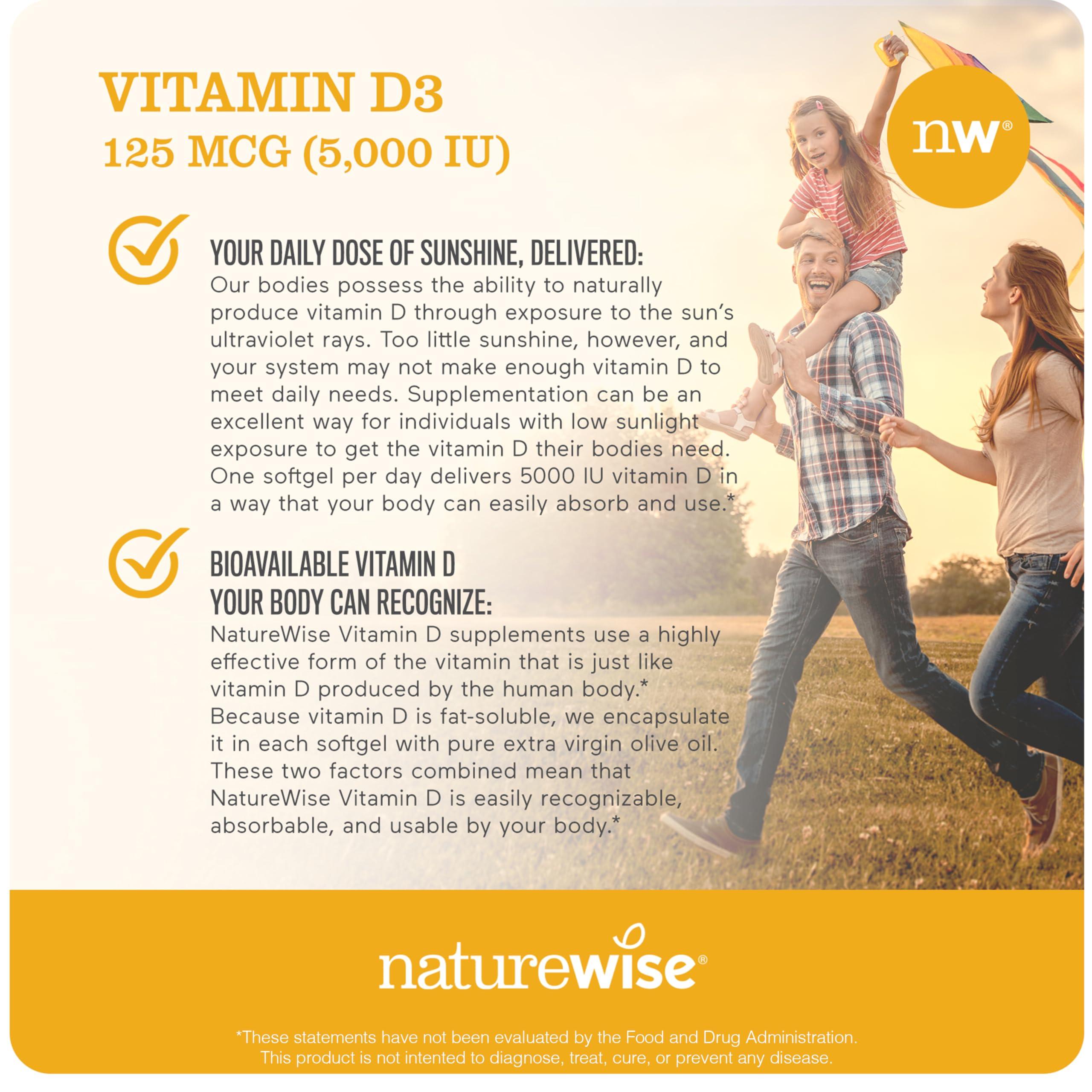 NatureWise Vitamin D3 5000iu (125 mcg) 1 Year Supply for Immune Support, Healthy Muscle Function, and Bone Health - Non-GMO, Gluten Free in Organic Extra Virgin Olive Oil, (Mini Softgel), 360 Count - Image 4