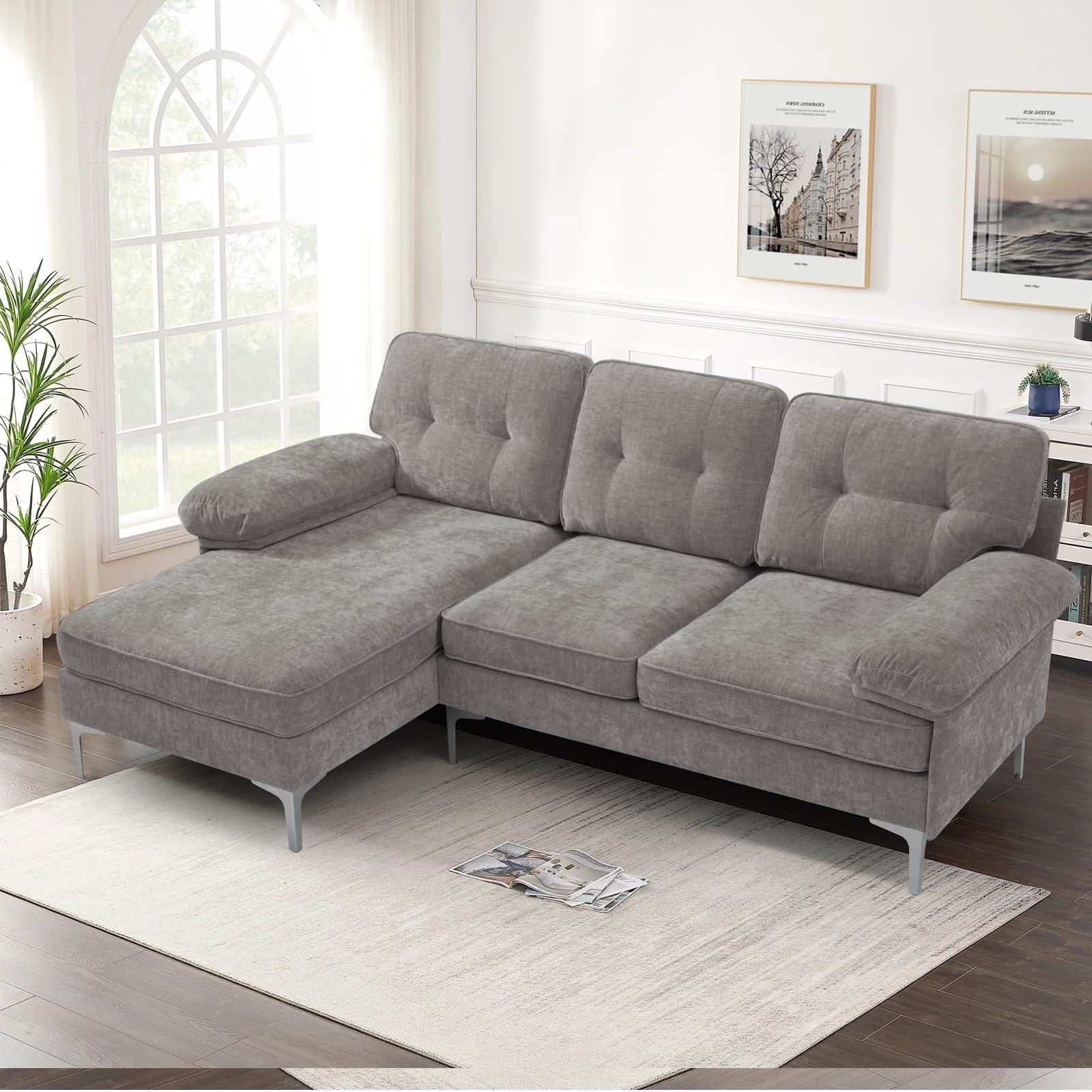 COHOME 83in L-Shaped Couch, Chenille Upholsted Sofa with Reversible Chaise,3-Seat Couch for Living Room, Convertible Sectional with Removable Covers,Grey - Image 7