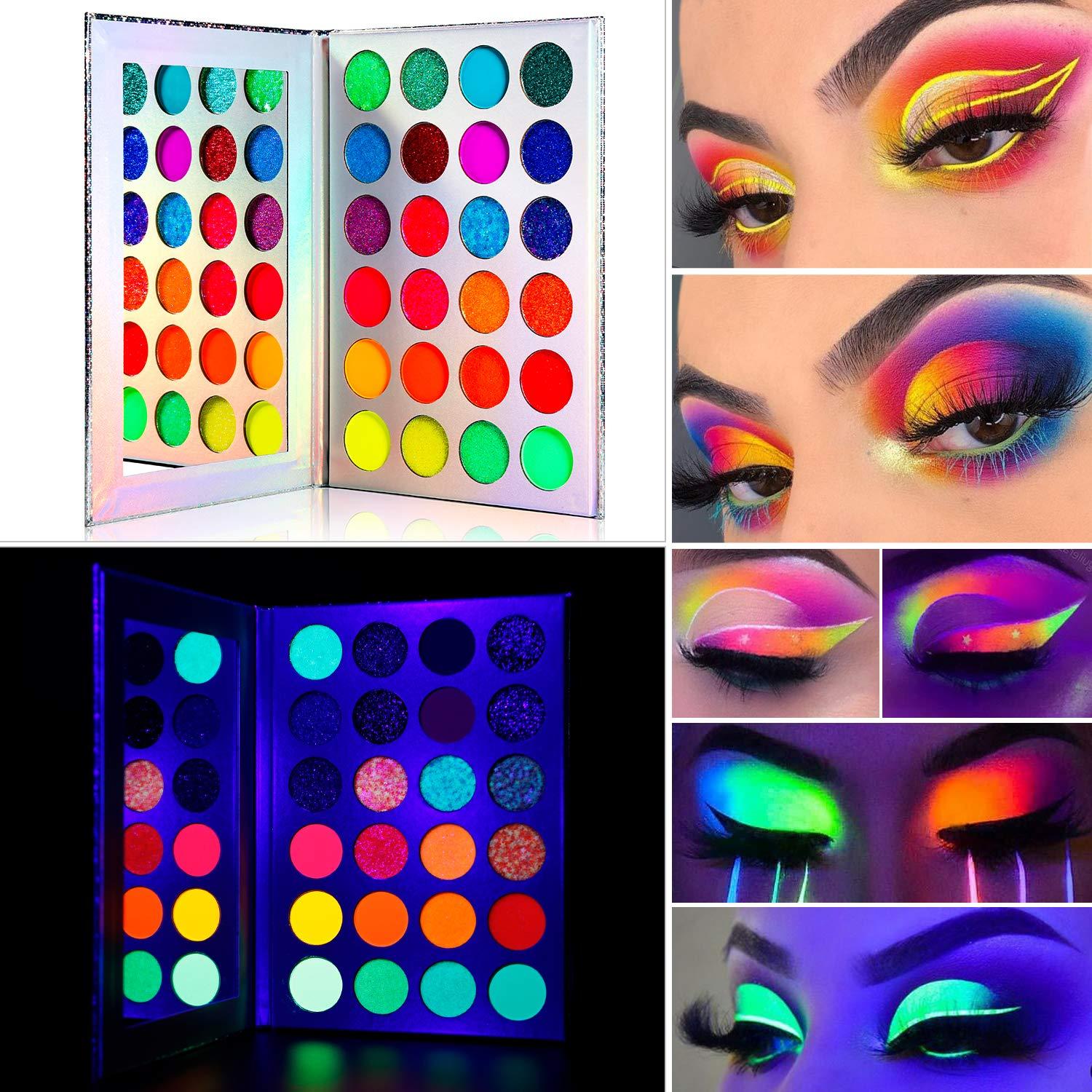 DE'LANCI Neon Eyeshadow Palette Glow in the Dark, Aurora Glow Eyeshadow Pallets Stage, Halloween Christmas Makeup Kit UV Blacklight Matte and Glitter Fluorescent Eye Shadows Highly Pigment - Image 2