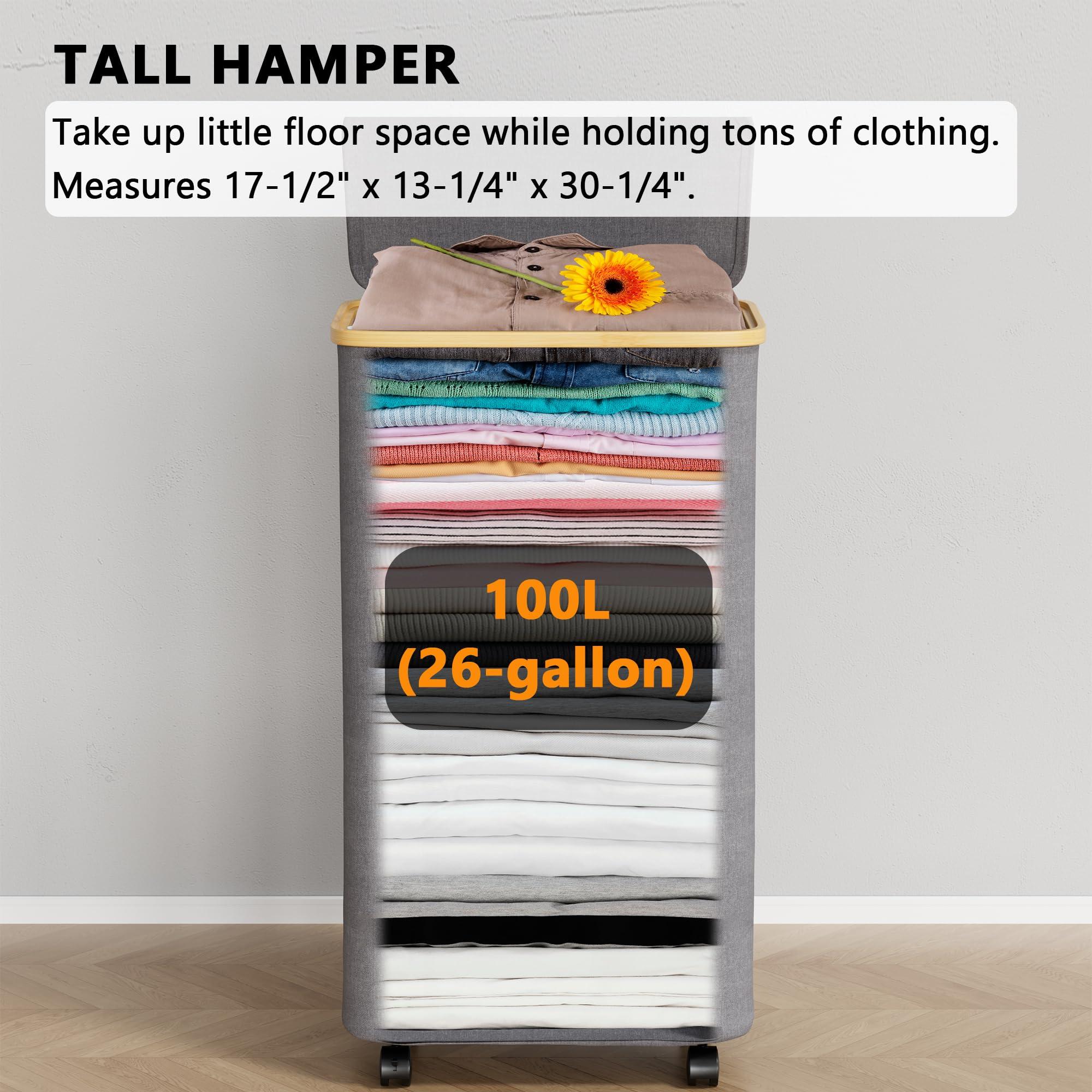 SpaceAid Laundry Hamper with Wheels and Lid, 26 Gal (100L) Rolling Clothes Basket with Bamboo Handle, Large Laundry Hamper for Bedroom, Bathroom, Dorm, Laundry Room - Grey - Image 3