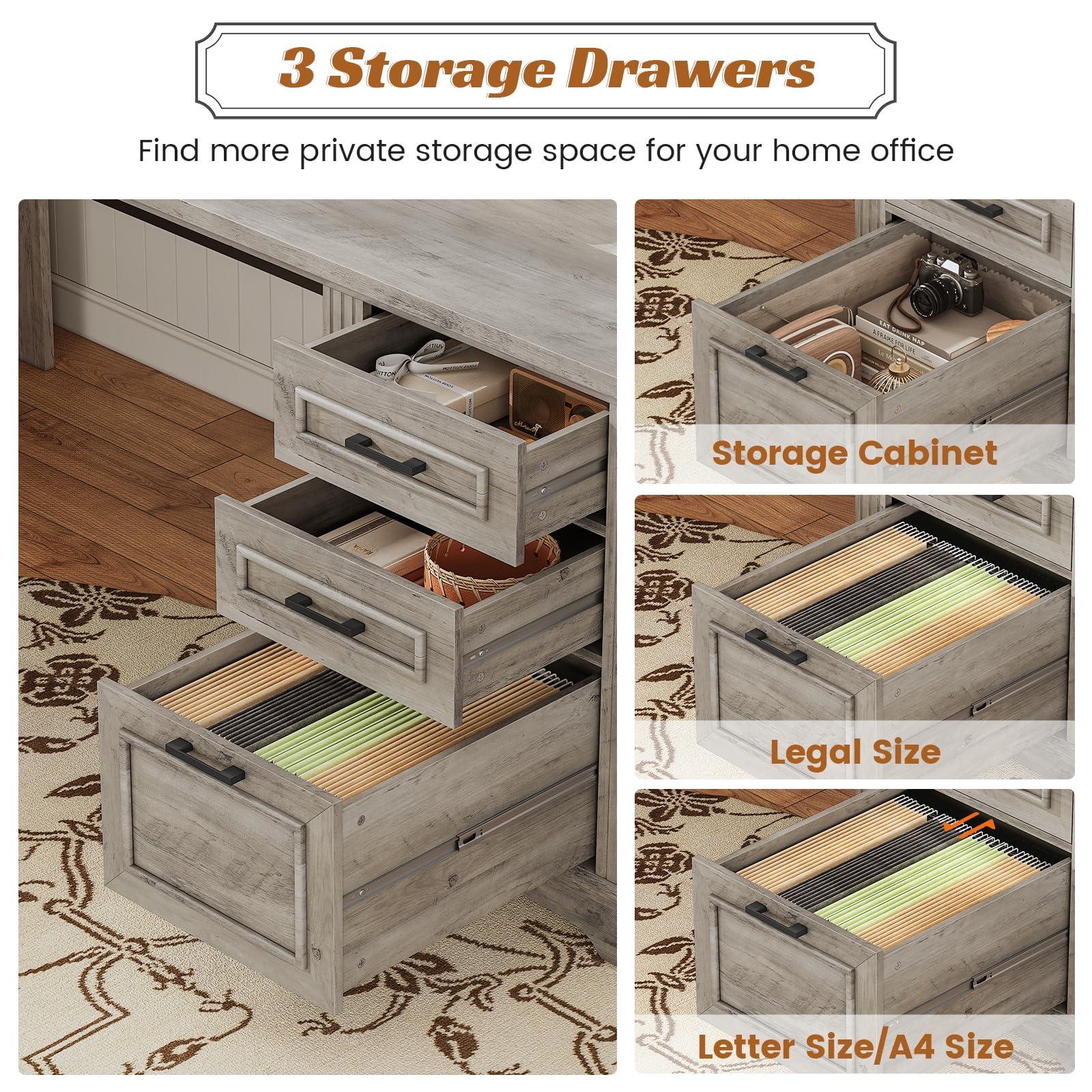 SEDETA Executive Office Desk with 3 Drawers, Farmhouse 55" Computer Desk with Storage File Drawers & Power Outlet for Home Office, Grey - Image 4