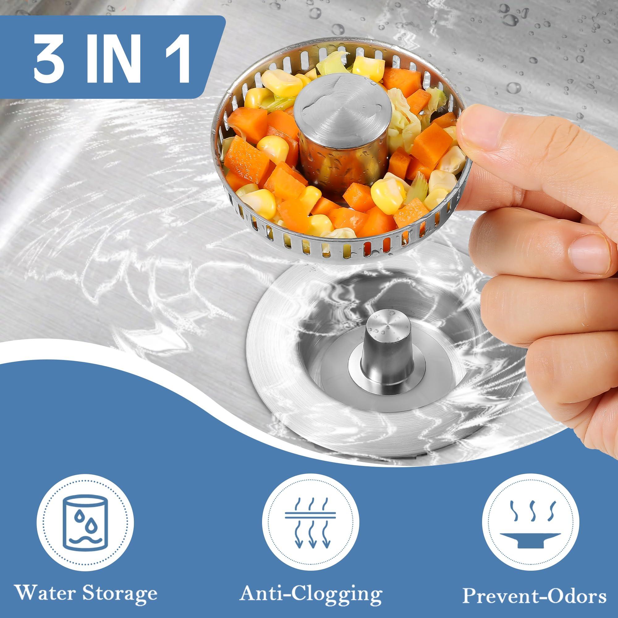 Kitchen Sink Drain Strainer 3 in 1, 304 Stainless Steel Pop Up Sink Stopper, Anti-Clogging Sink Drain Strainer for US Standard Kitchen Drain (SUS304 Brushed) - Image 3