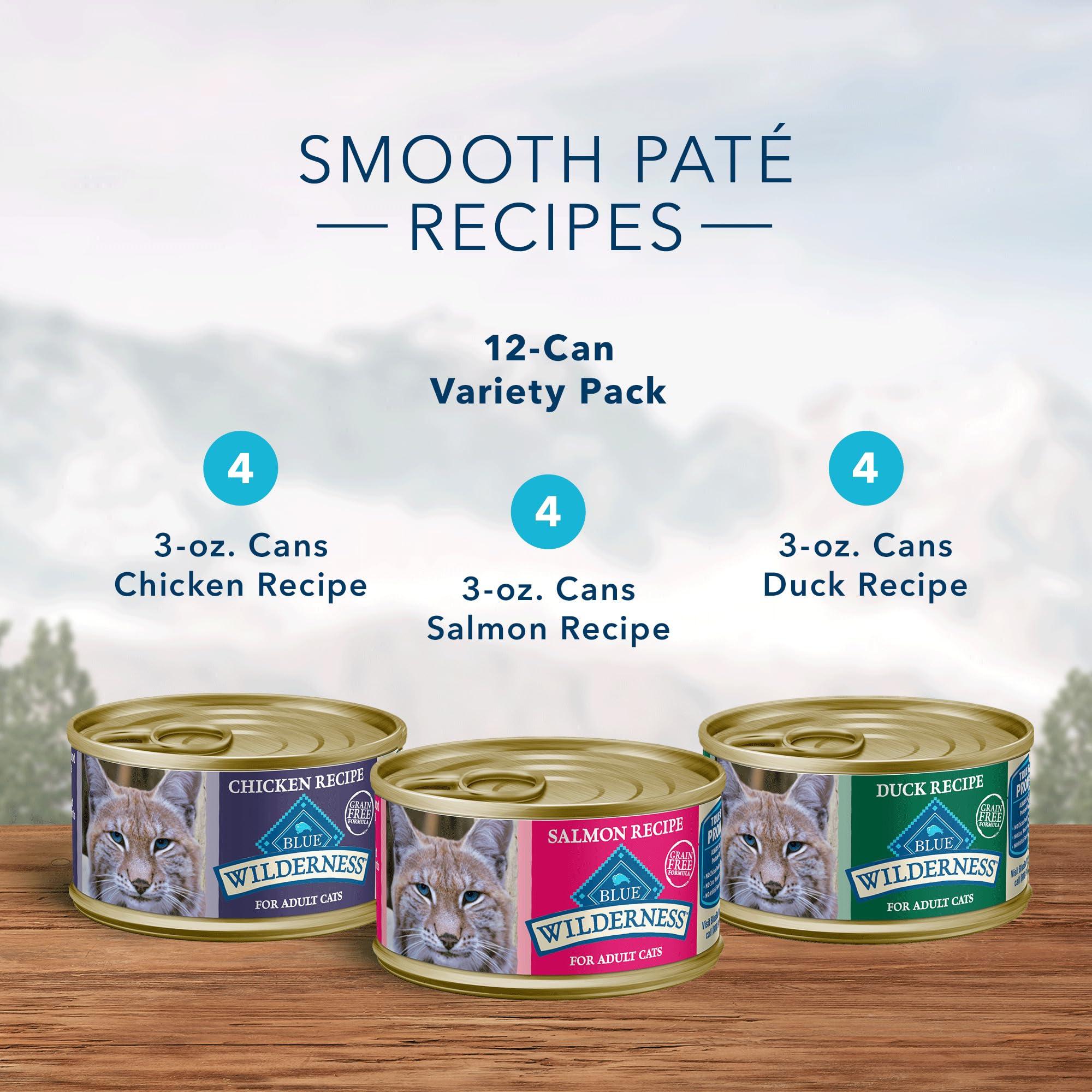 Blue Buffalo Wilderness High Protein, Natural Adult Pate Wet Cat Food Variety Pack, Chicken, Salmon, Duck 3-oz Cans (12 Count- 4 of Each Flavor) - Image 4
