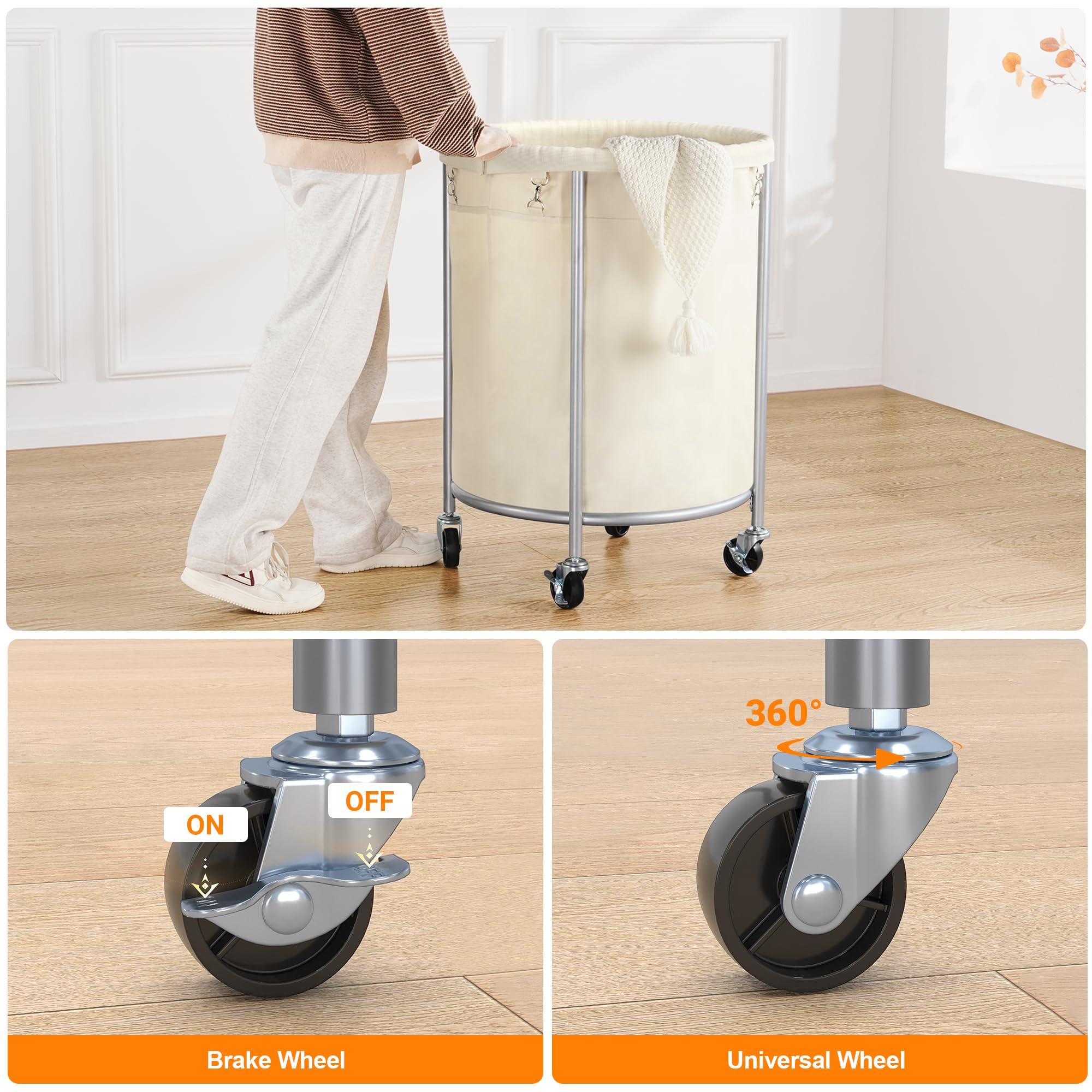 ELYKEN Laundry Basket with Wheels, 170L Rolling Laundry Hamper with Removable Bag and Steel Frame, Round Laundry Cart with 4 Casters and 2 Brakes, Ideal for Bedroom, Bathroom, Laundry Room, Cream - Image 4