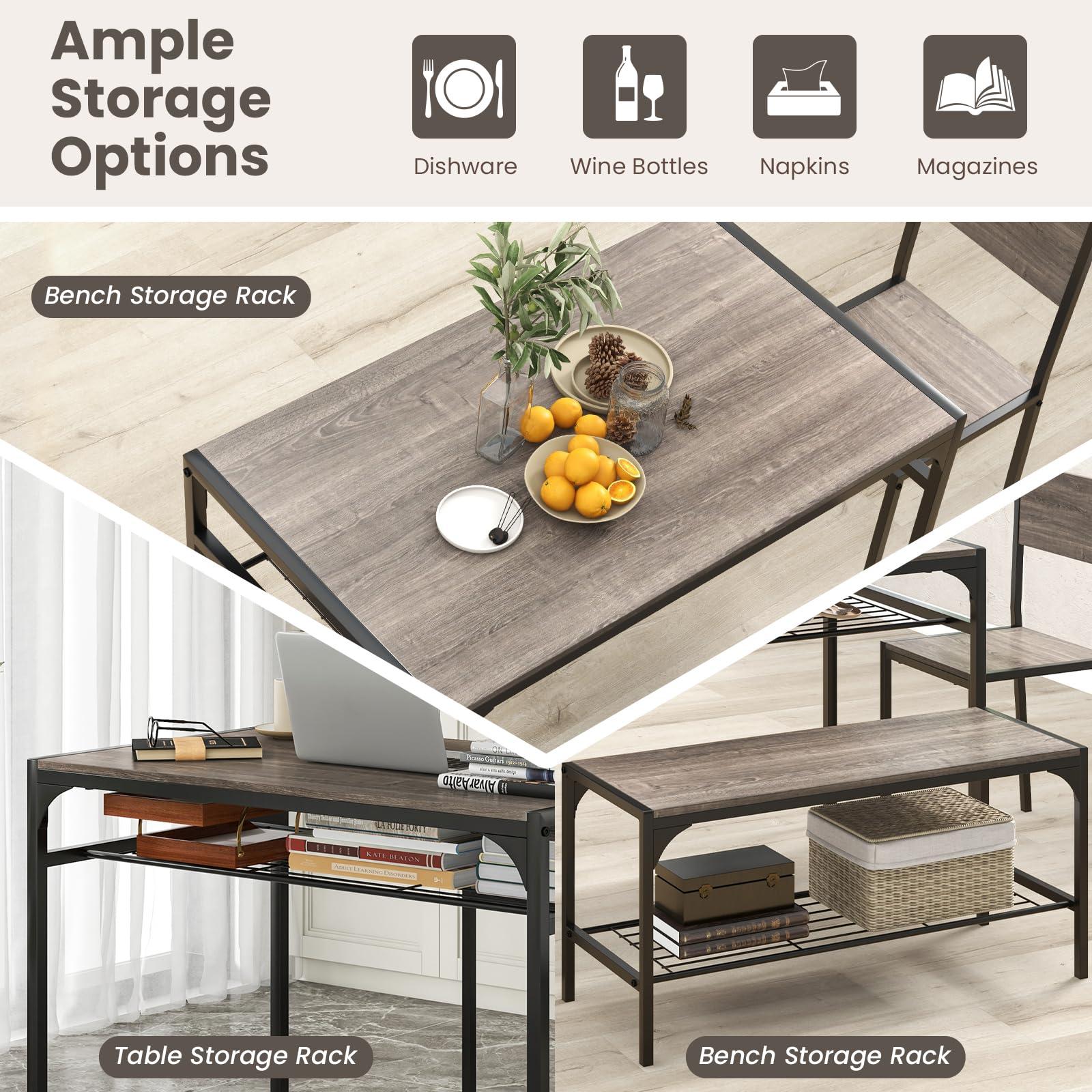 Tangkula Dining Table Set for 4, Kitchen Table and 2 Chairs for 4 with Bench, Additonal Storage Rack, 4 Piece Dining Table Set for Small Space, Apartment - Image 5