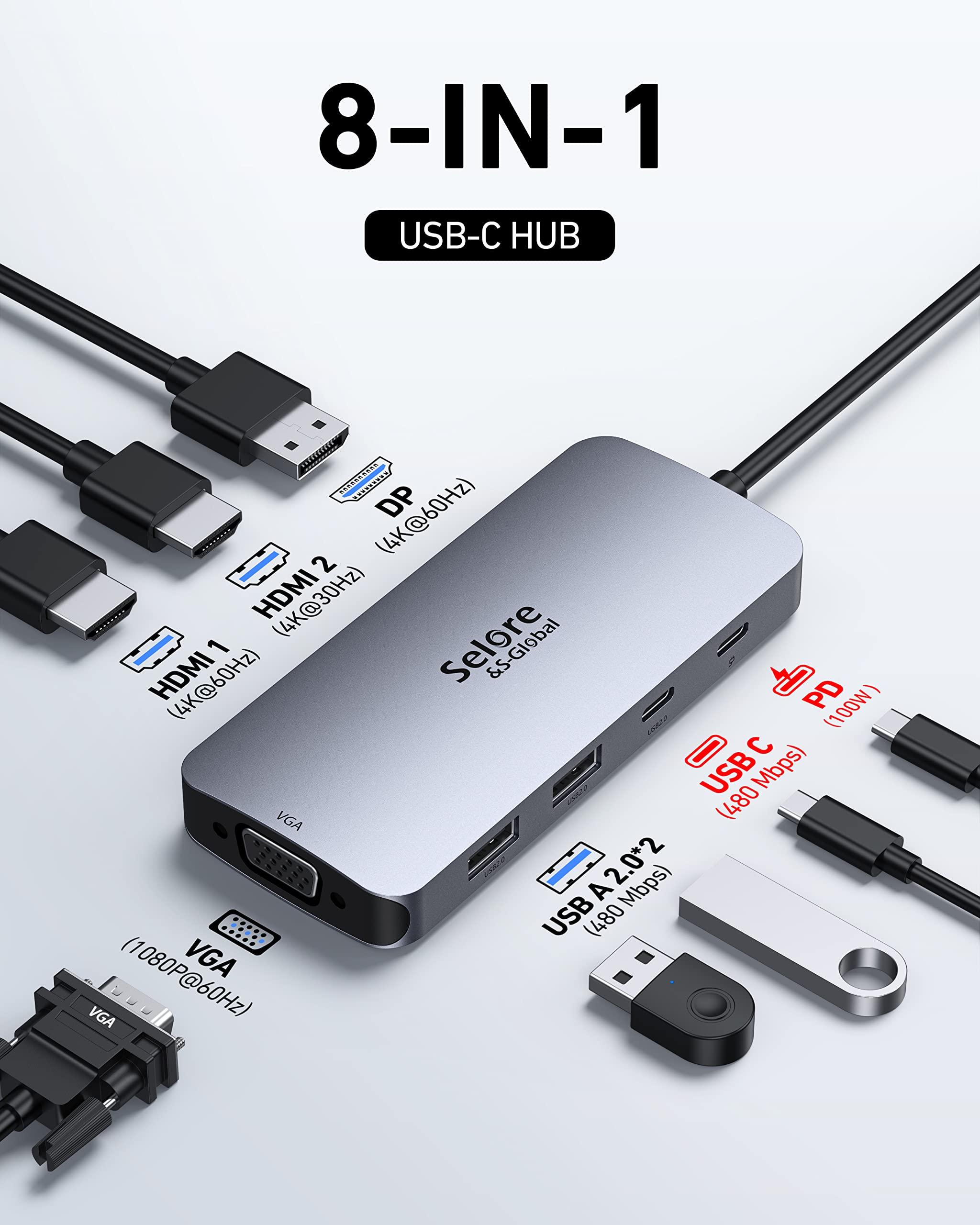 USB C Docking Station Dual HDMI Monitor Adapter, Selore USB C Hub 3 Monitors with Dual HDMI, Displayport, VGA, 100W PD Charging, 3USB 2.0 Ports Adapter for Dell XPS, HP, Lenovo, etc - Image 2