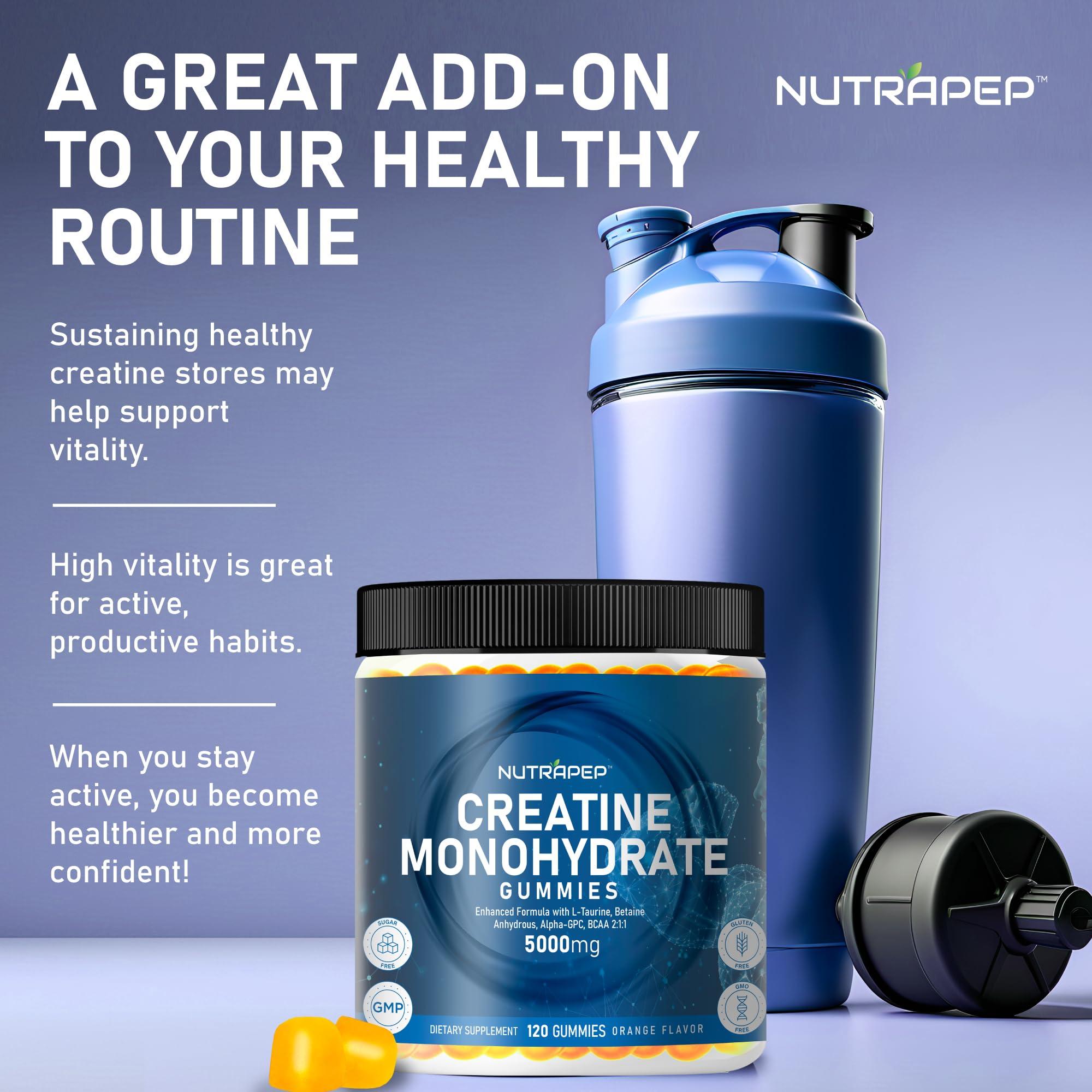 NutraPep Creatine Monohydrate Gummies 5g for Men Women - with L-Taurine Betaine Anhydrous Alpha-GPC BCAA 2:1:1 - Sugar-Free Gluten Free Chewable Creatine Supplement Bites - Image 5