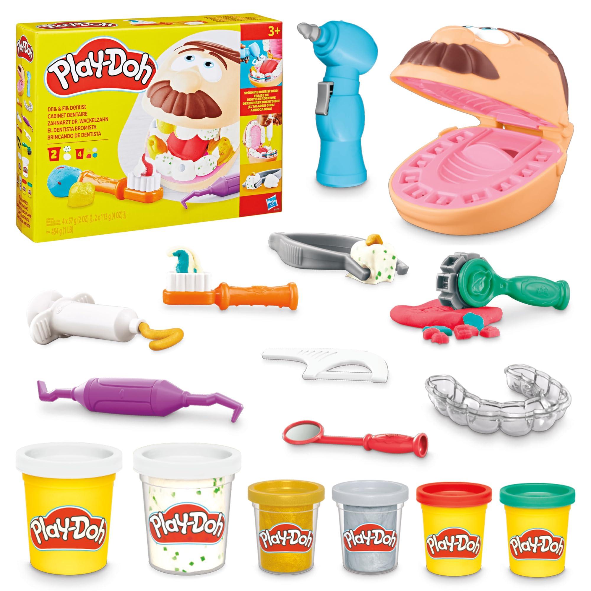 Play-Doh Drill 'n Fill Dentist Toy for Kids 3 Years and Up with Cavity and Metallic Colored Modeling Compound, 10 Tools, 8 Total Cans, 2 Ounces Each, Non-Toxic, Assorted Colors