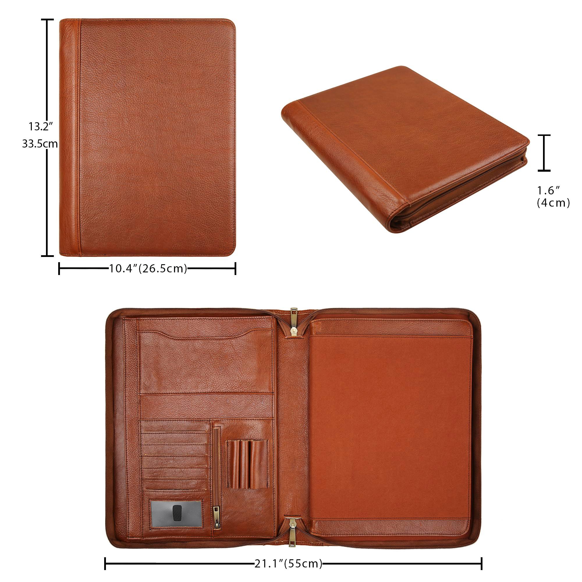 Handmade Genuine Leather Portfolio Organizer for IPad/Document, Business Padfolio with A4 Leather Notepad Holder, Leather Compact Folder Conference Portfolio for Men and Women, Oil-Brown - Image 3