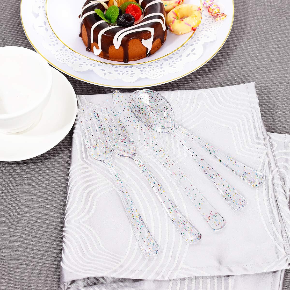 Supernal 360pcs Clear Plastic Silverware, Glitter Disposable Cutlery with Colorful Design,120 Forks,120 Knives,120 Spoons,Perfect for Parties Birthday - Image 7
