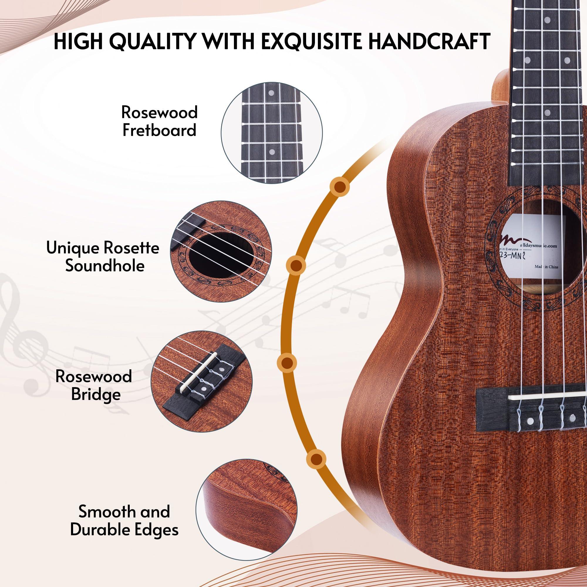 ADM Concert Ukulele Beginner Kit Mahogany Hawaiian Wood Ukelele Bundle Ukalalee Set with Uke Free Starter Lessons for kids Students and Adults, Yellow Brown (Khaki, 23 inch) - Image 7