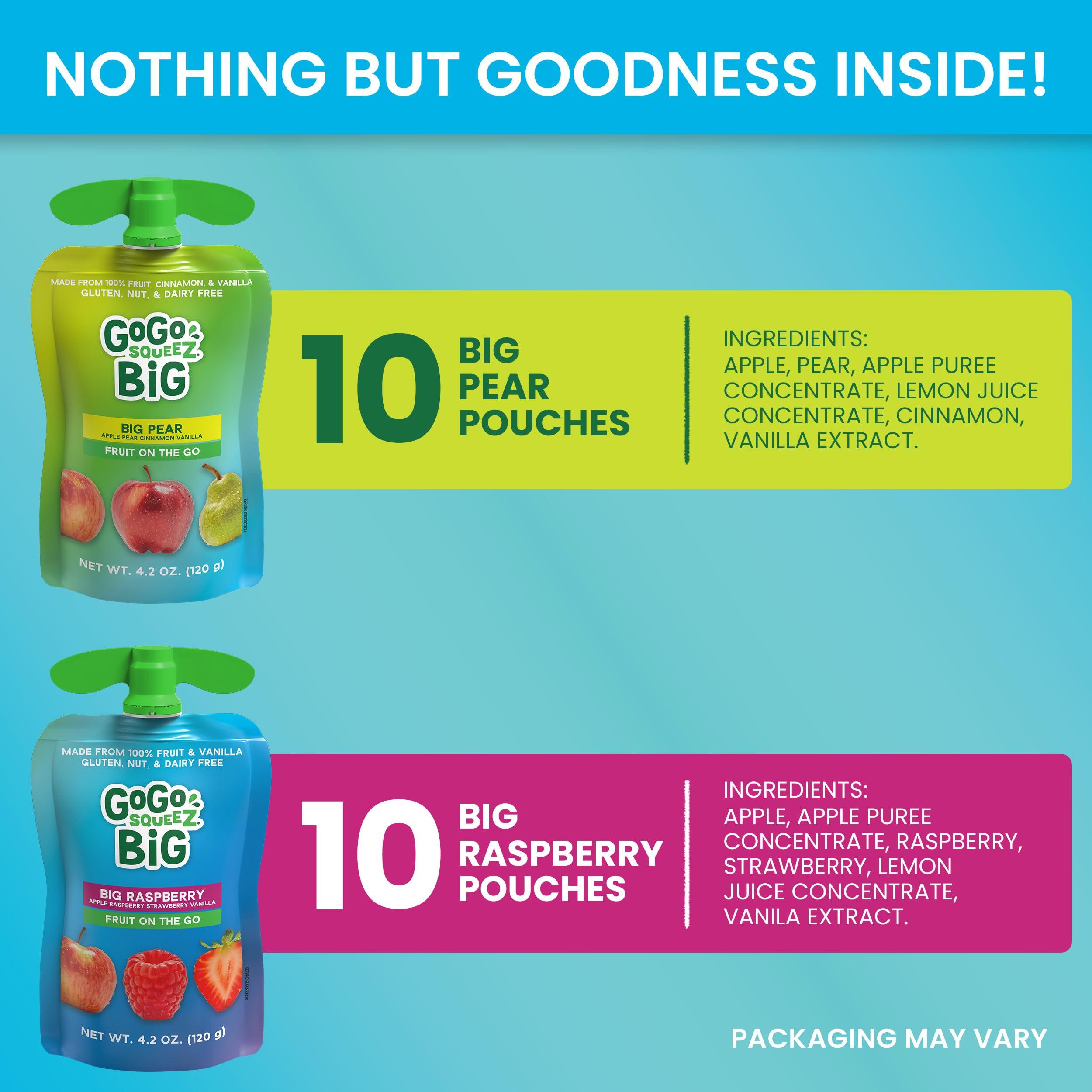 GoGo squeeZ BIG Applesauce & Fruit Puree with Vanilla and Cinnamon Variety Pack, Pear & Raspberry, 4.2 oz. (Pack of 20), Unsweetened Fruit Snacks for Kids, Gluten Free, Nut Free, Dairy Free Pouches - Image 5