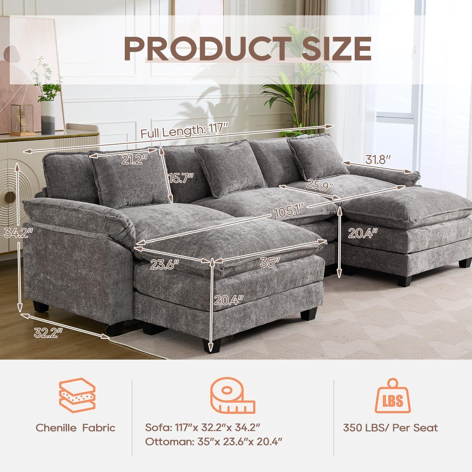 IPKIG 117" Sectional Sofa Cloud Couch, Modern Chenille U-Shaped Couch Comfy Upholstered 3-Seat Sofa with 2 Ottoman, 3 Lumbar Pillow, Deep Seat Modular Sofa for Living Room, Apartment, Studio - Image 6