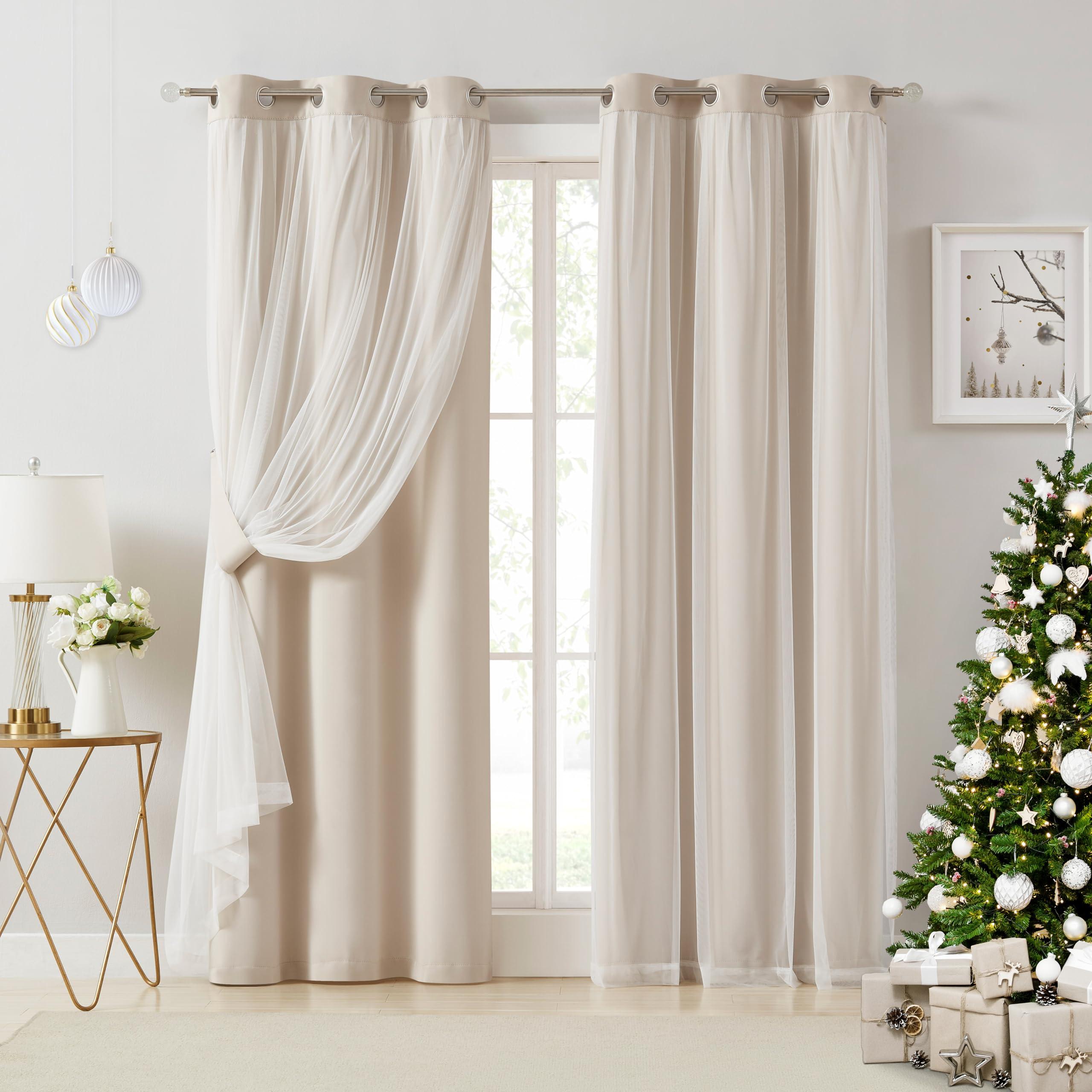Bujasso Beige 90% Blackout Curtains with Sheer Overlay Mix and Match Double Layer Thermal Insulated Window Panels 84 inch for Living Room Bedroom Beige Drapes with Tiebacks Grommet Top 37" Wx84 Lx2 - Image 9
