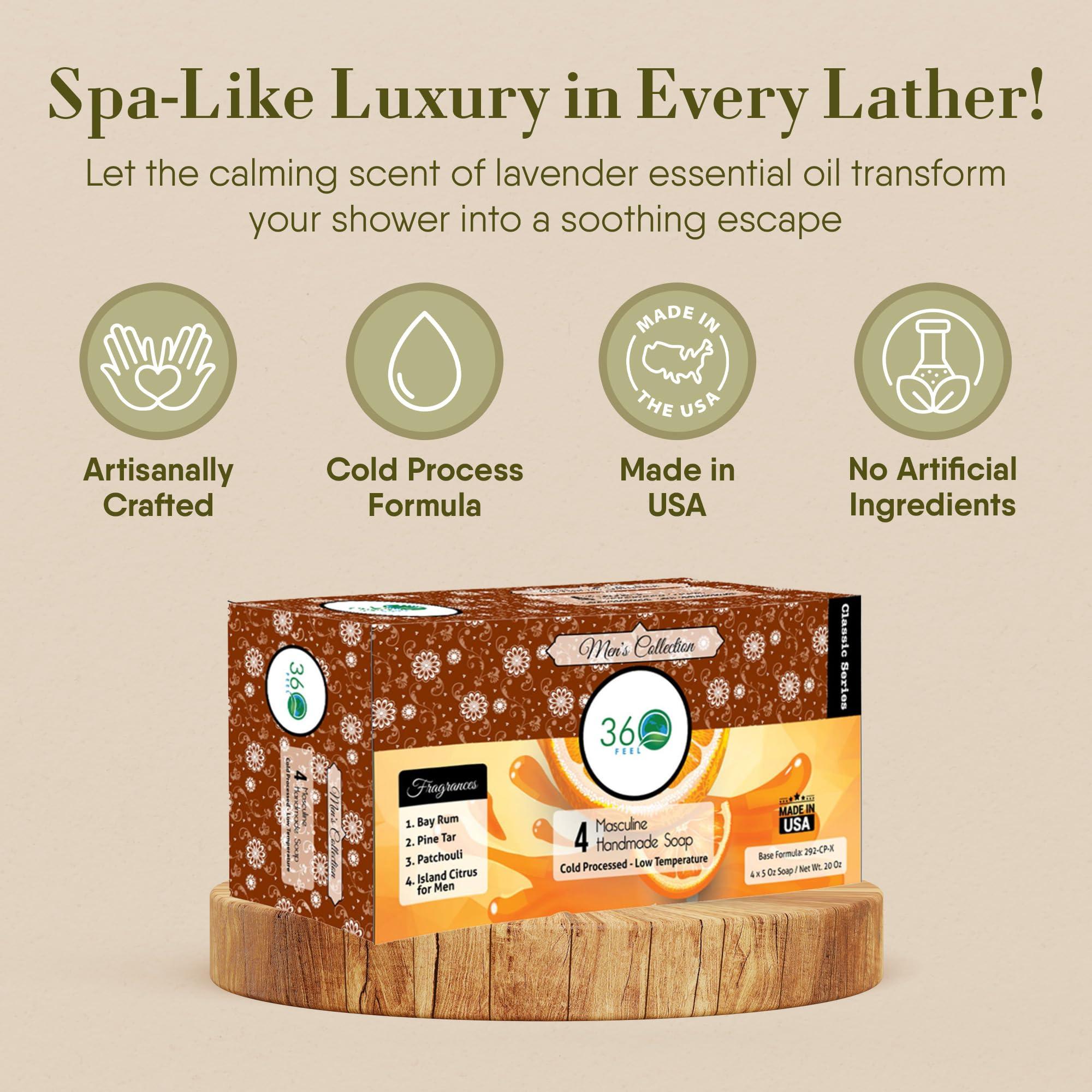 360Feel Men’s Handmade Soap Gift Pack - Nourishing and Hydrating Set of Bar Soap for Men - Infused with Four Bold Masculine Scents Bay Rum, Pine Tar, Patchouli, and Island Citrus - Set of 4 - Image 3