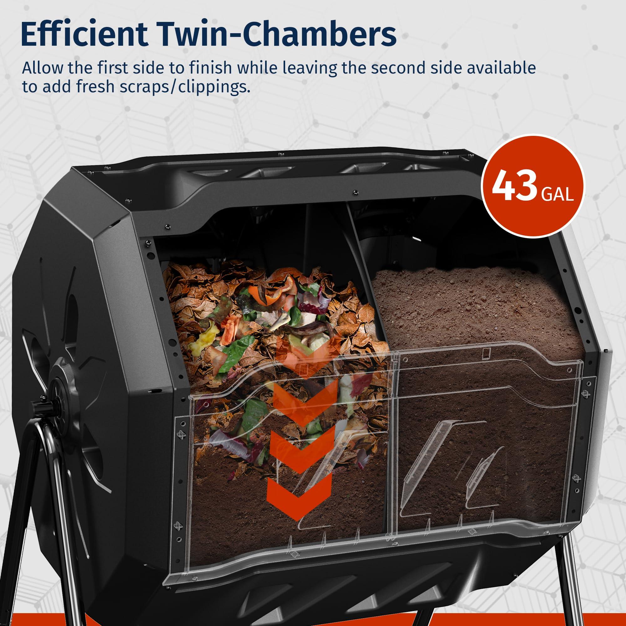 EAST OAK Compost Tumbler Outdoor, 43-Gal Dual Chamber Compost Bin with 2 Sliding Door and Aeration System, Tumbling Rotating Composter Bin for Kitchen, Garden, Yard - Image 4