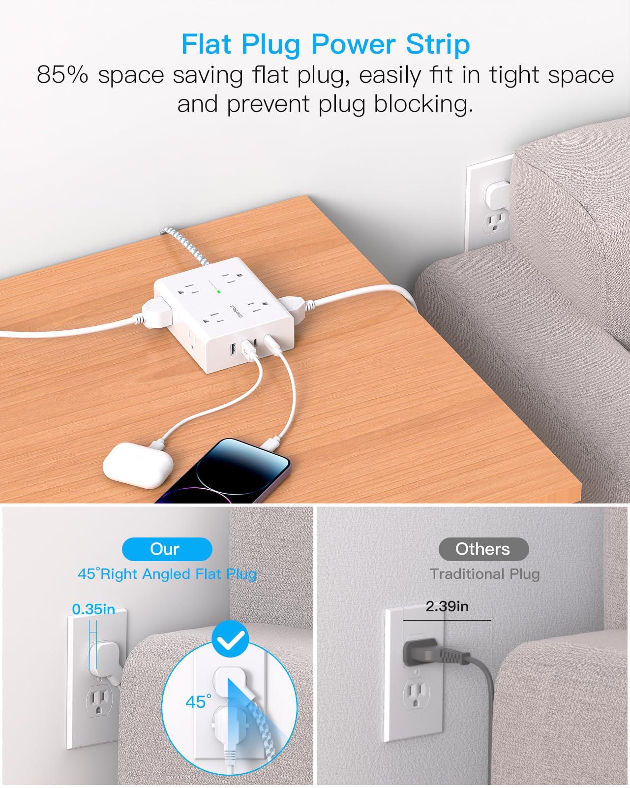 Surge Protector Power Strip 15 Ft Cord, Ultra Thin Flat Extension Cord with 8 Outlets 4 USB Ports(2 USB C), Flat Plug Power Strip, 15 Ft Long Braided Power Cord for Home, Office, Dorm Room Essentials - Image 4