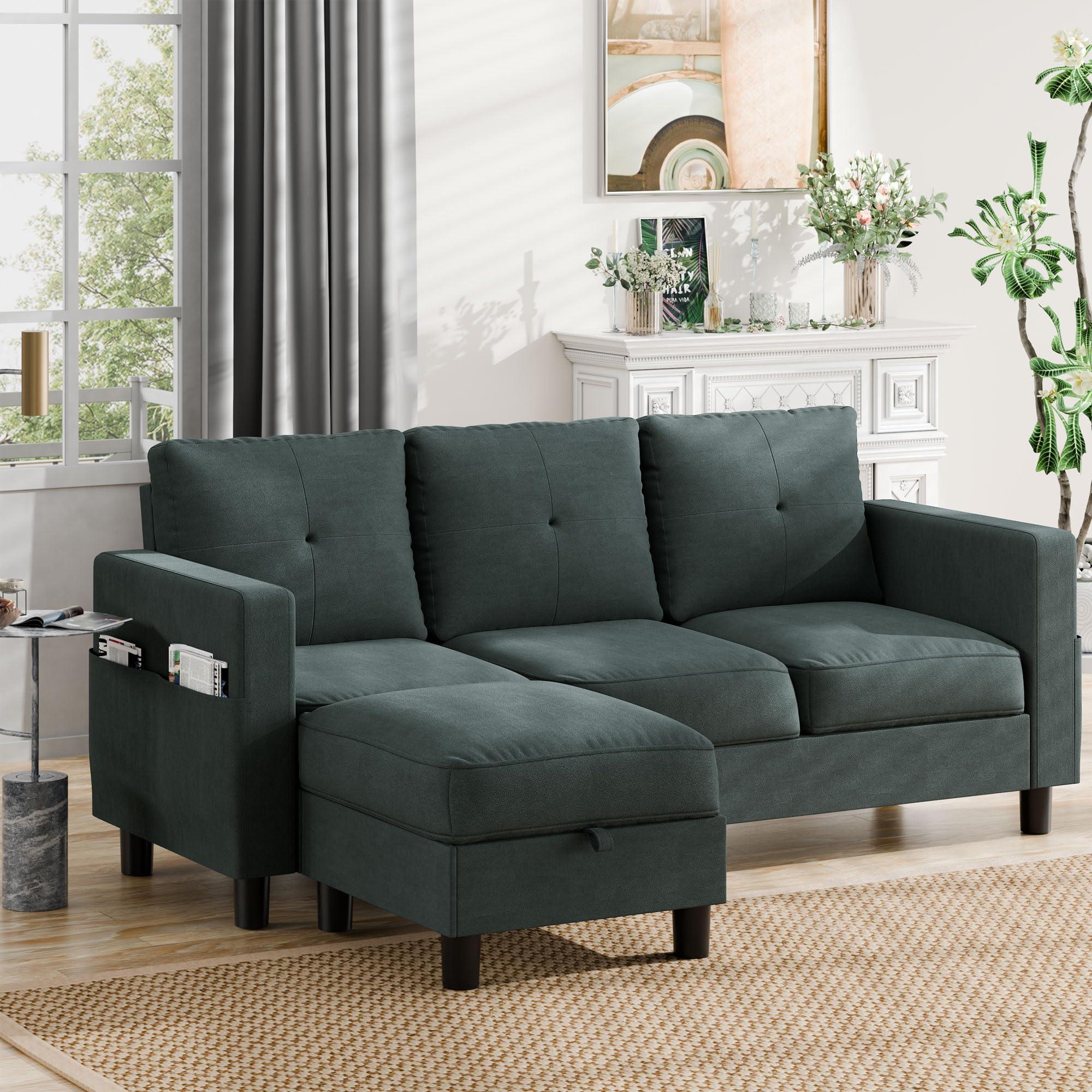 JAMFLY 3-Seat Convertible L-Shaped Sectional Sofa with Ottoman, Polyester Fabric Modular Couch for Small Spaces, Apartments & Office - Space Saving Reversible Design, Blue - Image 2