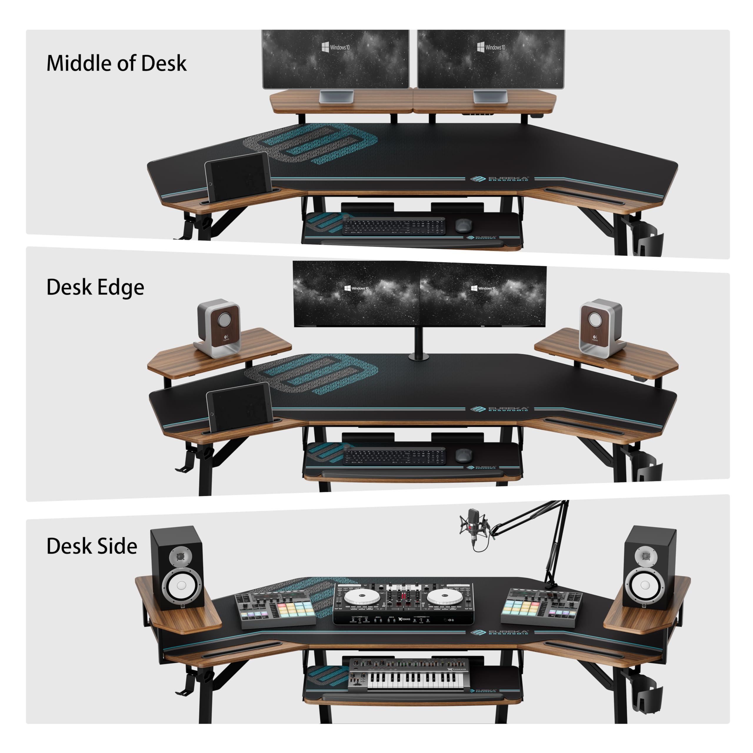 EUREKA ERGONOMIC 72" Gaming Desk W Keyboard Tray, Wing-Shaped Music Studio Desk, Large Computer Table W LED Convertible Monitor Stand Dual Headphone Hanger for Recording Live Streamer, Walnut Wood - Image 7