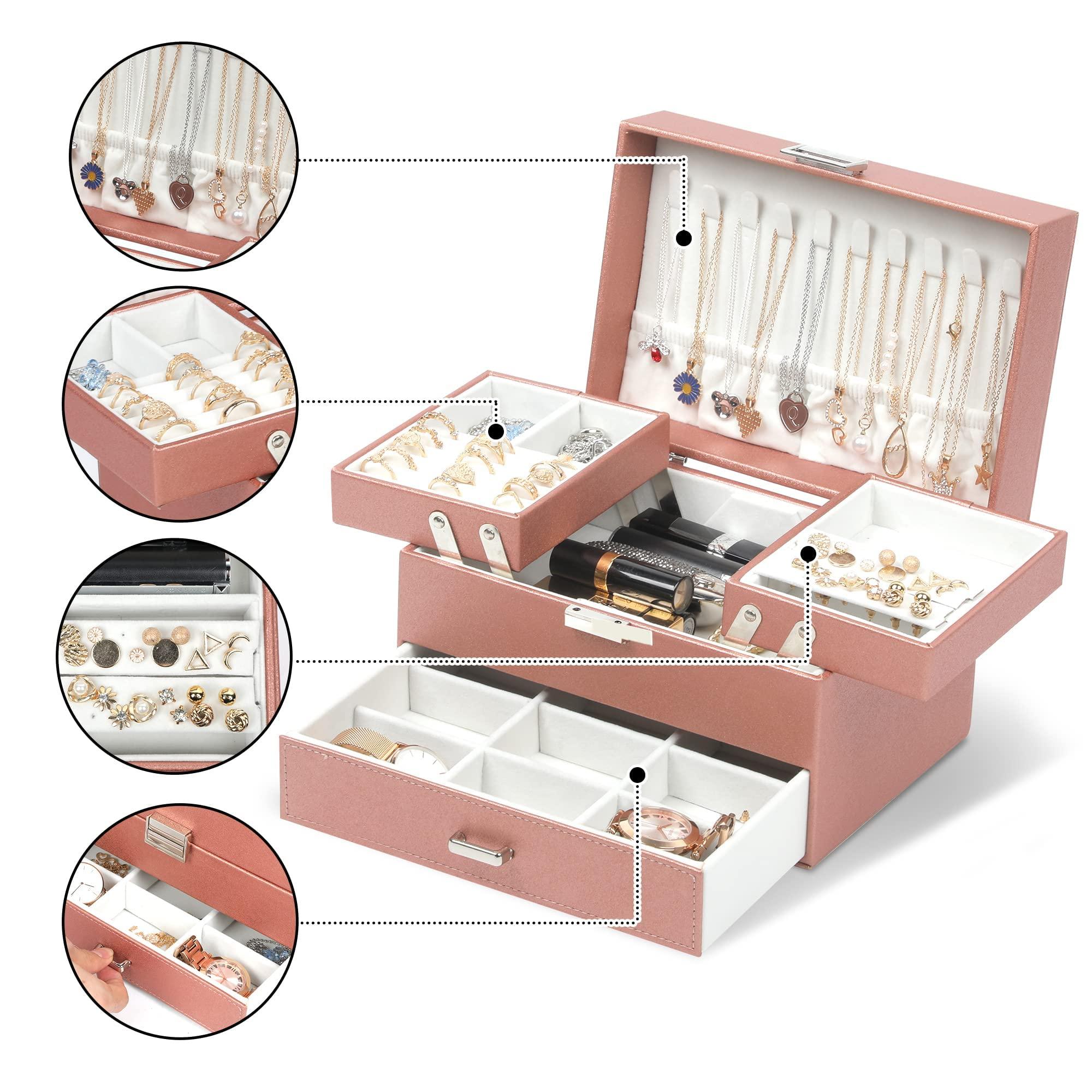 Dajasan Jewelry Organizer Box, Jewelry Box Organizer for Women Girls, 3 Layers Large Jewelry Storage Case for Earring, Rings, Necklaces Bracelets, Watch (Rose Gold) - Image 3