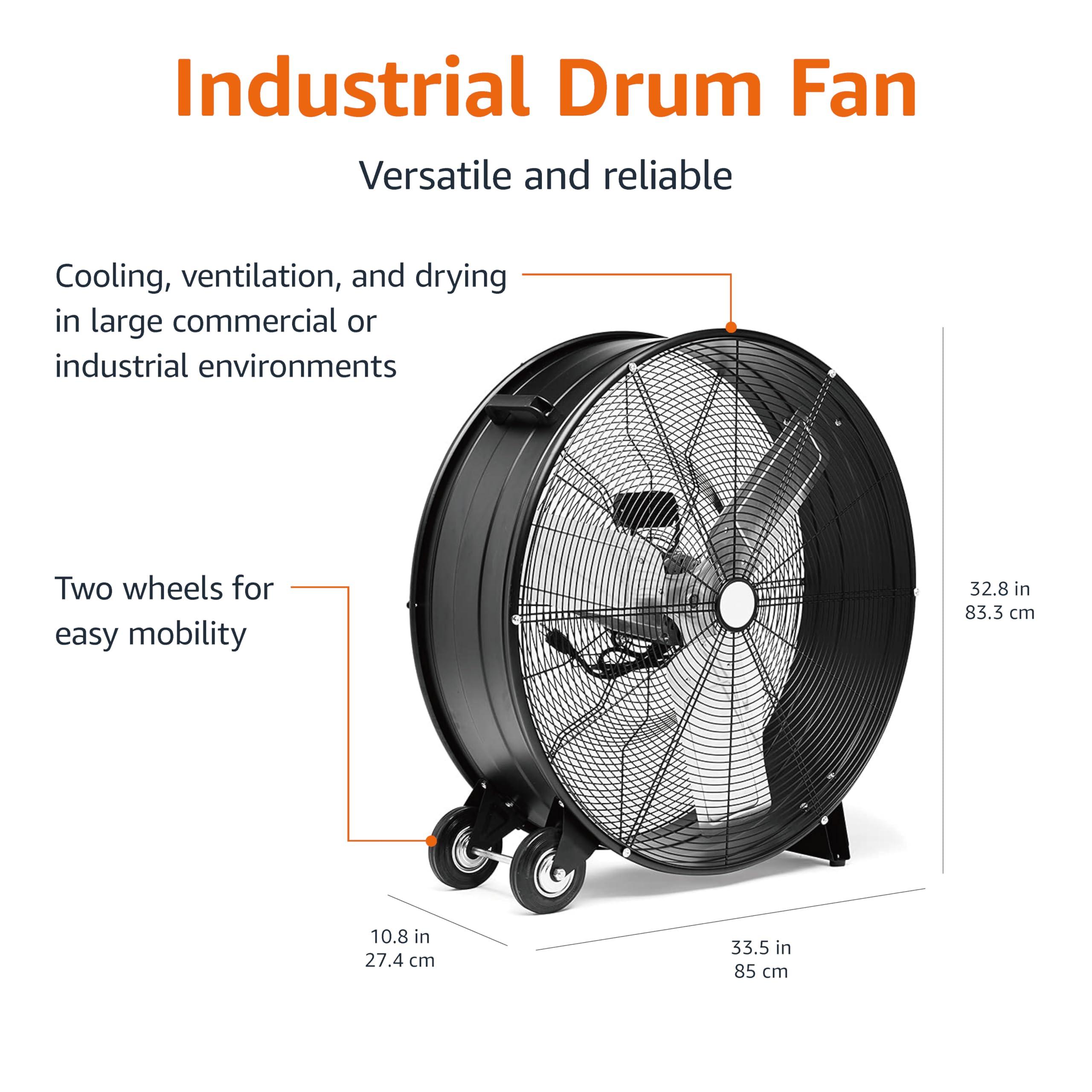 Amazon Basics 30" 300W High-Velocity, Heavy-Duty Industrial Fan, Drum Fan, with UL-Certified Safety Compliance, 2 Speeds, Up to 12,480 CFM, 5.9-ft Power Cord, 2 Wheels, Metal Housing/Blades, Black - Image 2