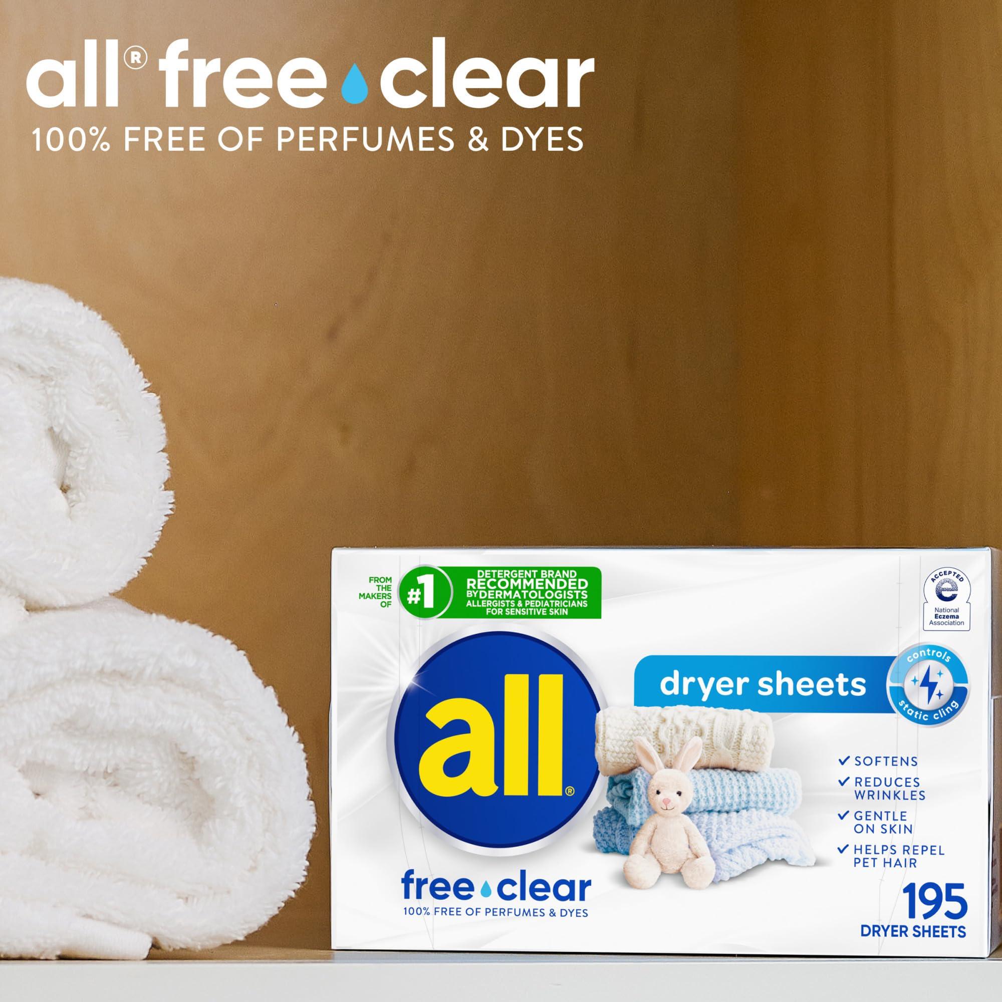 all Fabric Softener Dryer Sheets for Sensitive Skin, Free Clear, 195 Count - Image 6