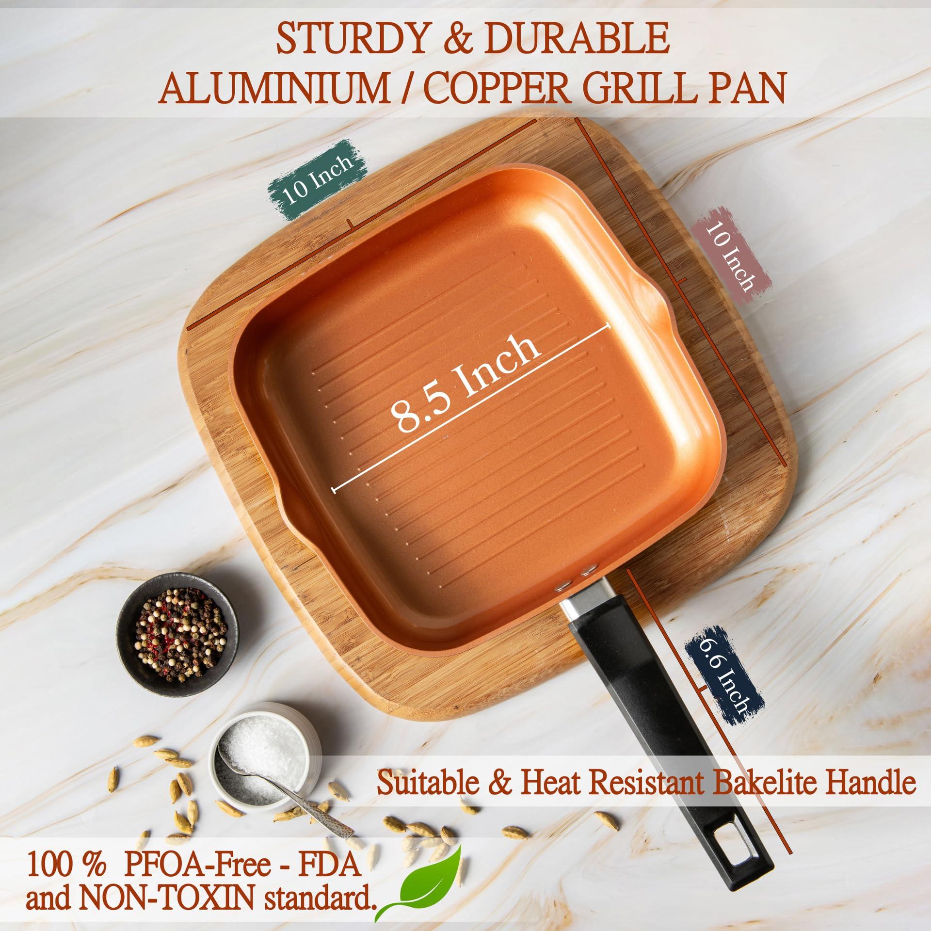Moss & Stone Square Grill Pan For Indoor Cooking, 9.5In Frying Pan Copper Non-Stick Saute Fry Pan, Induction Copper Pan for Meats & Vegetables, Aluminum Griddle Nonstick Stove Top Grill Pan - Image 3