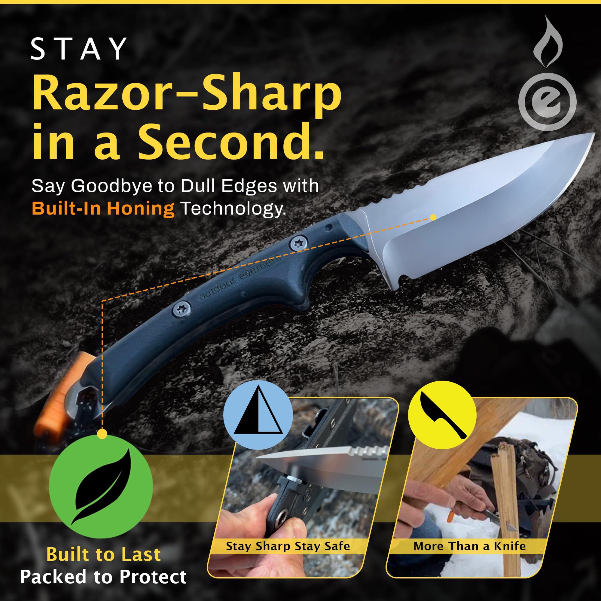 OUTDOOR ELEMENT Scout Feather - Adventure Survival Knife - Full Tang, Ceramic Honing V Notch built into included Sheath, Hex Driver in Handle, 115dB Emergency Whistle, Replacable Ferro Rod - Image 7