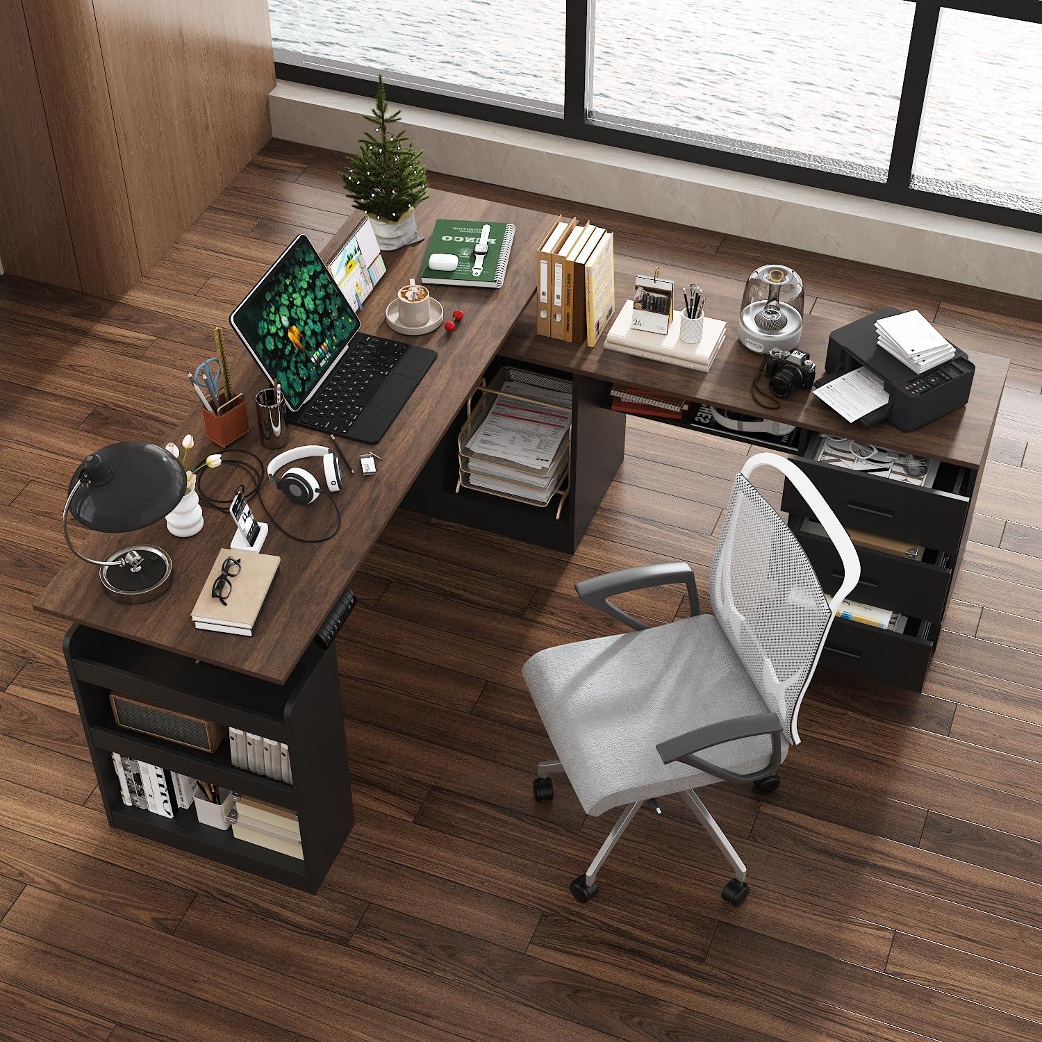 MOUMON Electric Standing Desk with Drawers and Shelves, Executive Adjustable Height Desk, L-Shaped Design, 63 inch Tabletop, for Office Deep Brown and Black (63”W x 63”D x 28.4-45.8”H)