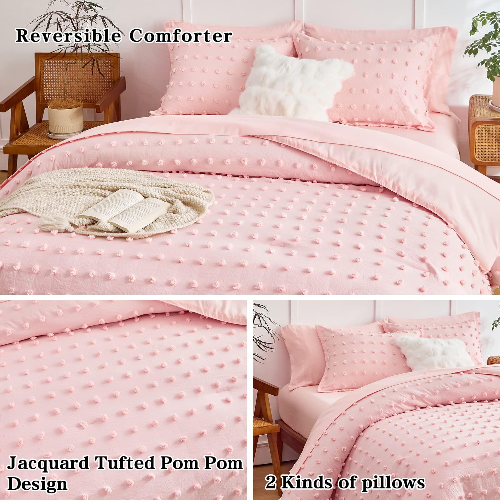 6 Pieces Tufted Dots Bed in a Bag Twin Comforter Set Girls Pink , Soft and Embroidery Shabby Chic Boho Bohemian Comforters, Luxury Solid Color with Pom Pom Design, Jacquard Tufts Bedding Set for Kids - Image 4