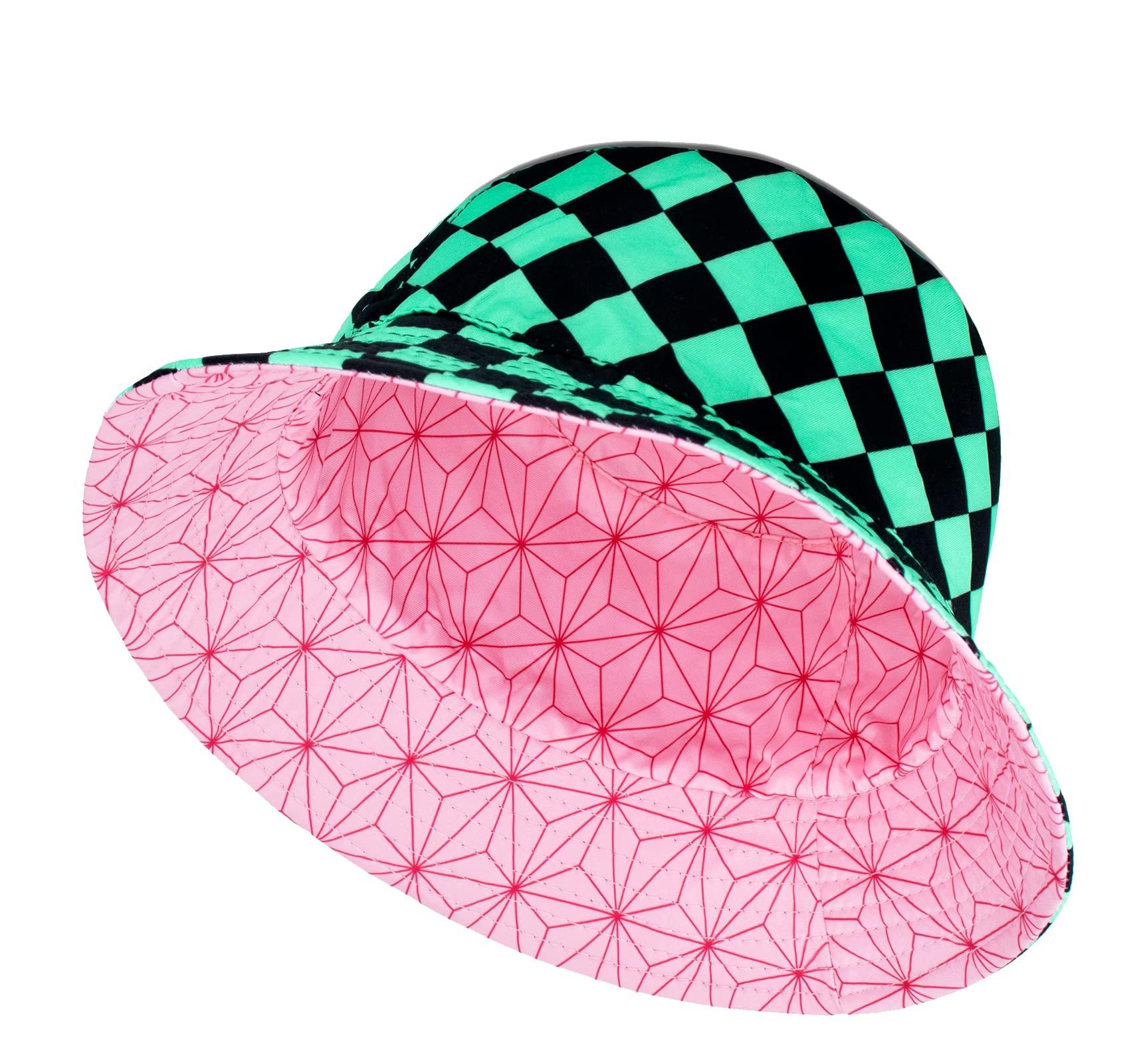 Roffatide Anime Bucket Hat Kamado Tanjirou Kamado Nezuko Bucket Hat All Over Print Bucket Hat Reversible Double Side Wear Fishing Hat Green/Pink