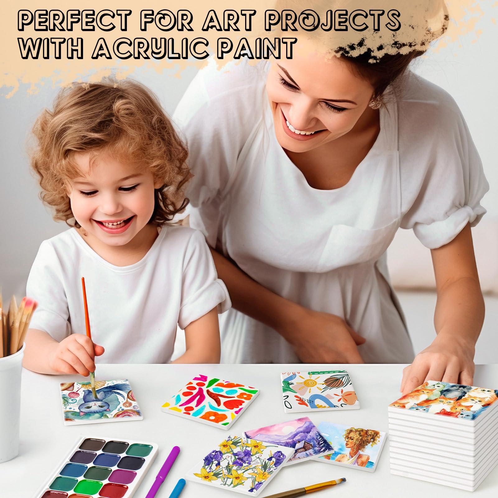 Ceramic Tiles for Crafts, GOH DODD 24 Pack Unglazed Blank Coasters White Tiles with 24 Cork Backing Pads for Alcohol Ink, Painting, Acrylic Pouring, Art Projects, Square, 4 Inch - Image 2