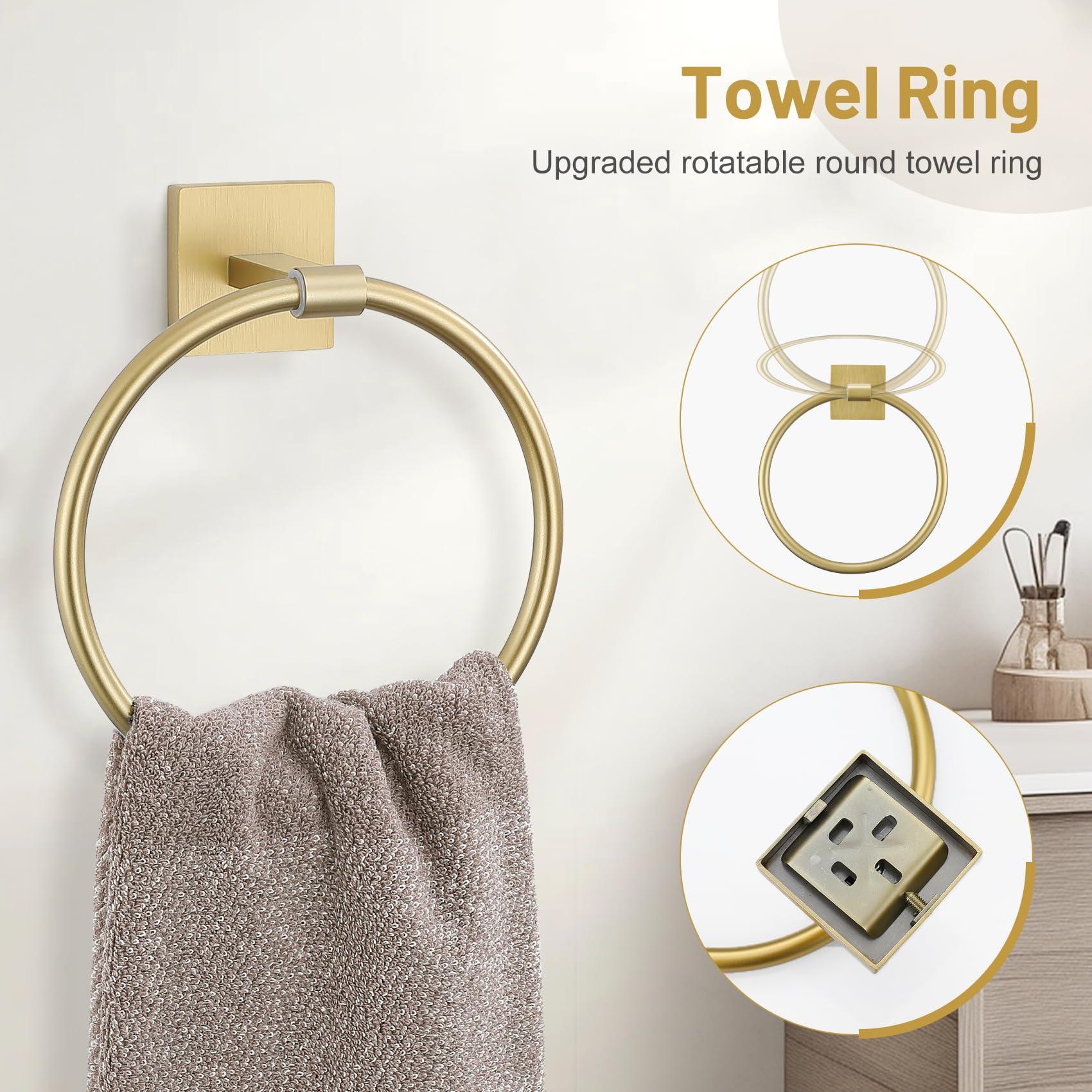 5 Pieces Bathroom Hardware Set Brushed Gold Towel Bar Set Includes 23.6” Towel Bar, Towel Ring Holder, Toilet Paper Holder and Two Towel Hooks, Bathroom Accessories Set SUS304 Wall Mounted - Image 6