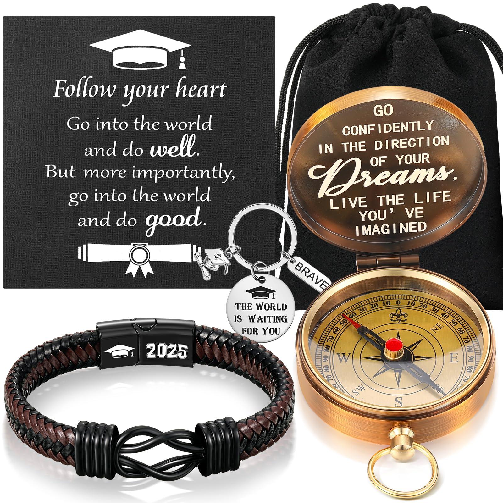 Quelay 5 Pcs Compass Graduation Gift Class of 2025 Engraved Compass Keychain Leather Stainless Steel Knot Bracelet Inspirational Card and Drawstring Bag High School College Graduation Gifts for Him
